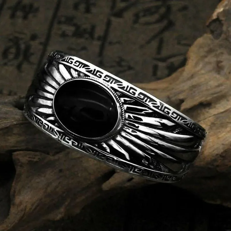 Jet Black Oval Agate Inlaid in 925 Silver Cuff Bracelet