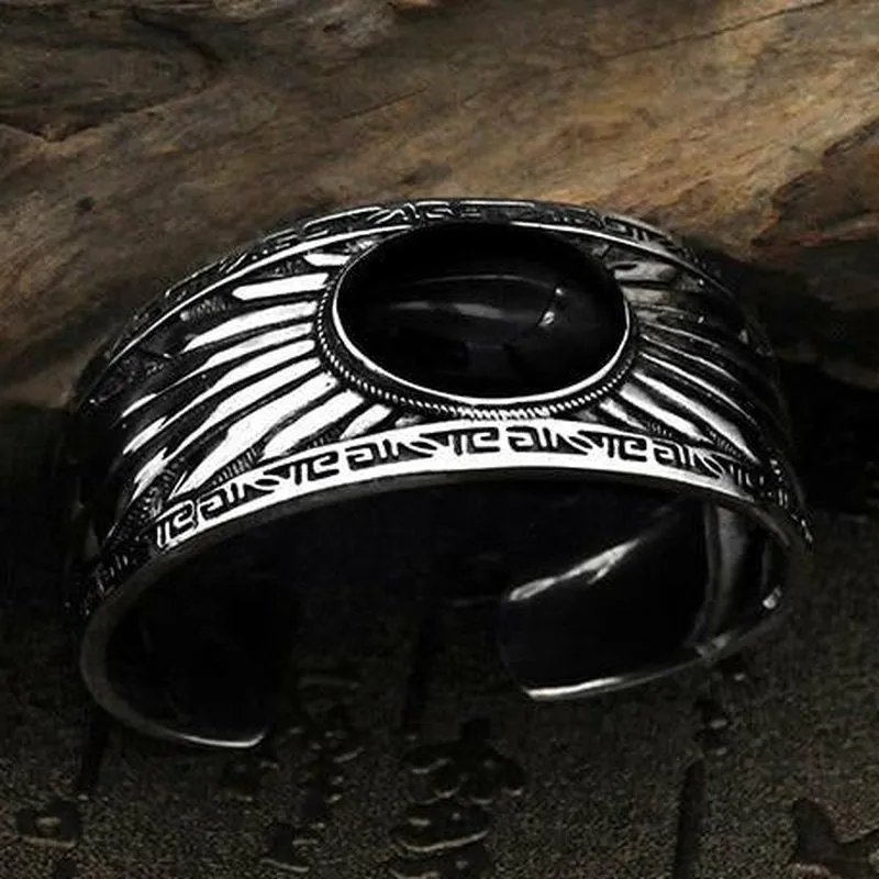 Jet Black Oval Agate Inlaid in 925 Silver Cuff Bracelet