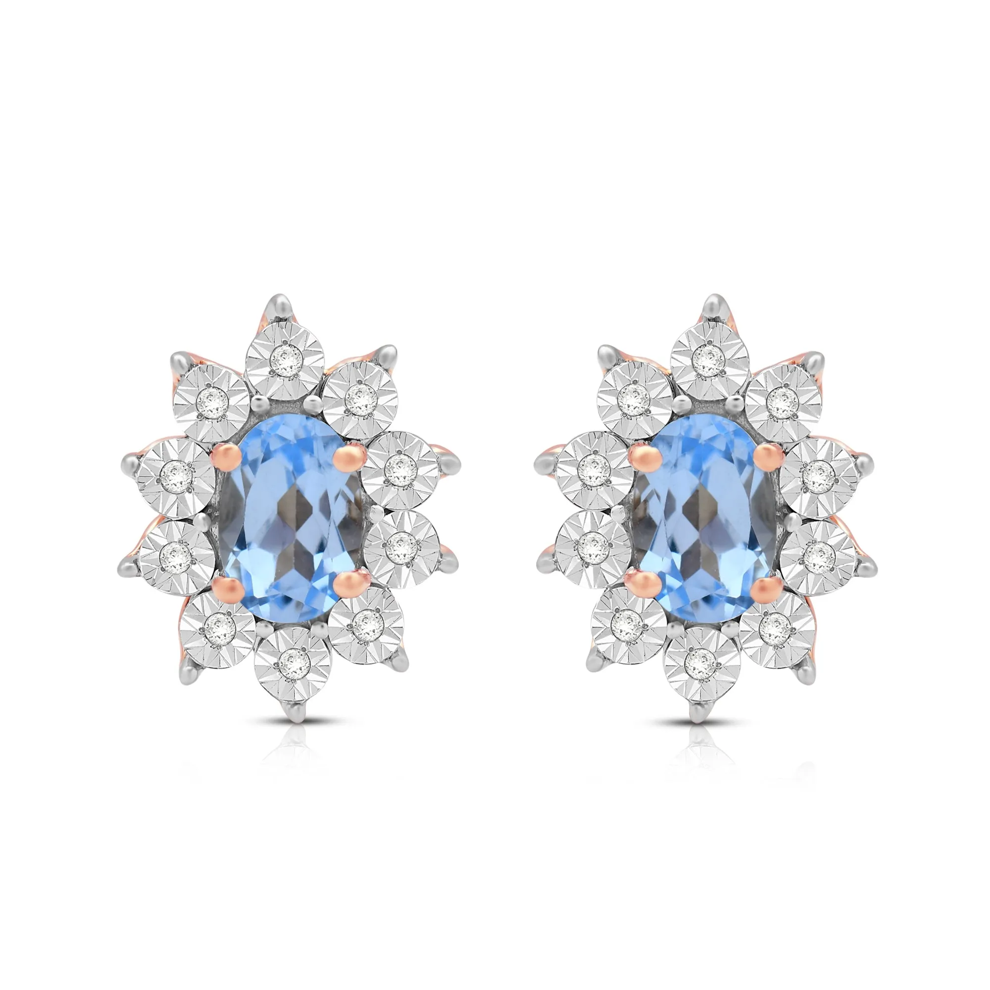 Jewelili 14K Rose Gold Over Sterling Sliver Oval Genuine Swiss Blue Topaz and 1/20 CTTW Natural White Round Diamond Cluster Stud Earrings