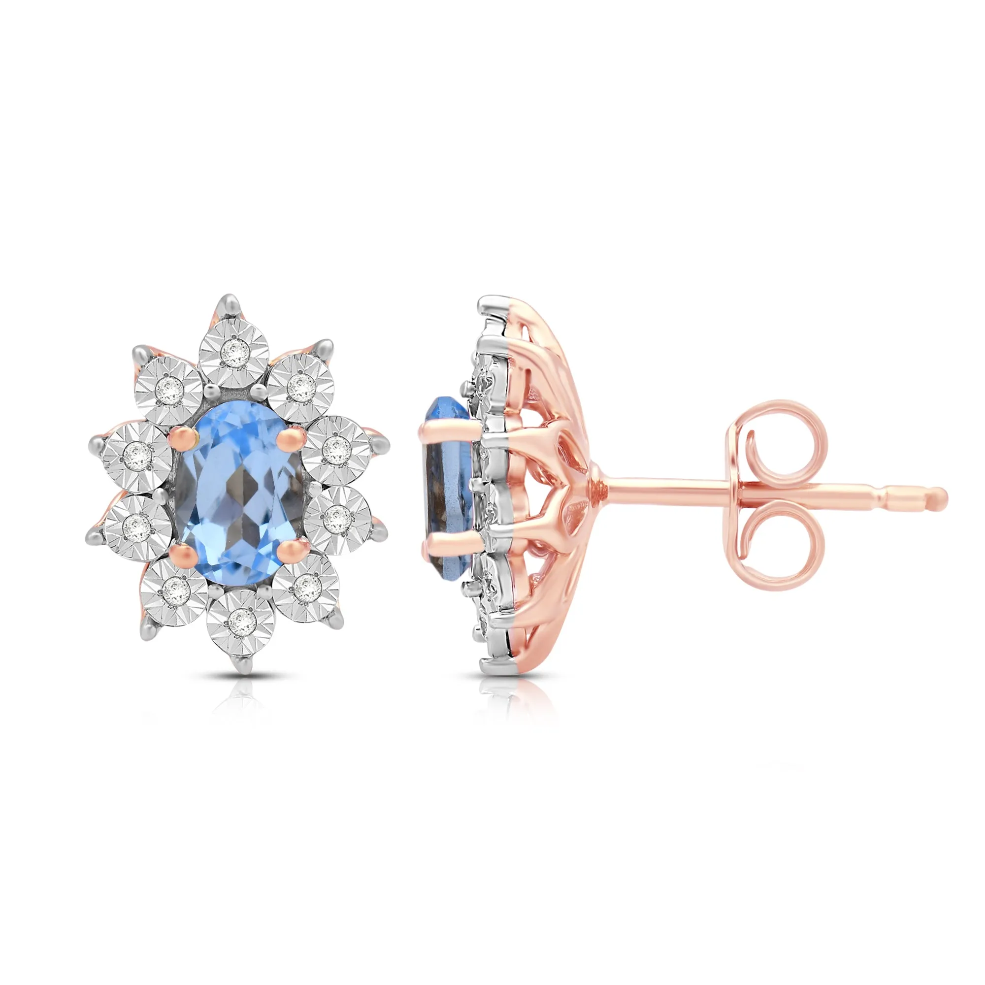 Jewelili 14K Rose Gold Over Sterling Sliver Oval Genuine Swiss Blue Topaz and 1/20 CTTW Natural White Round Diamond Cluster Stud Earrings