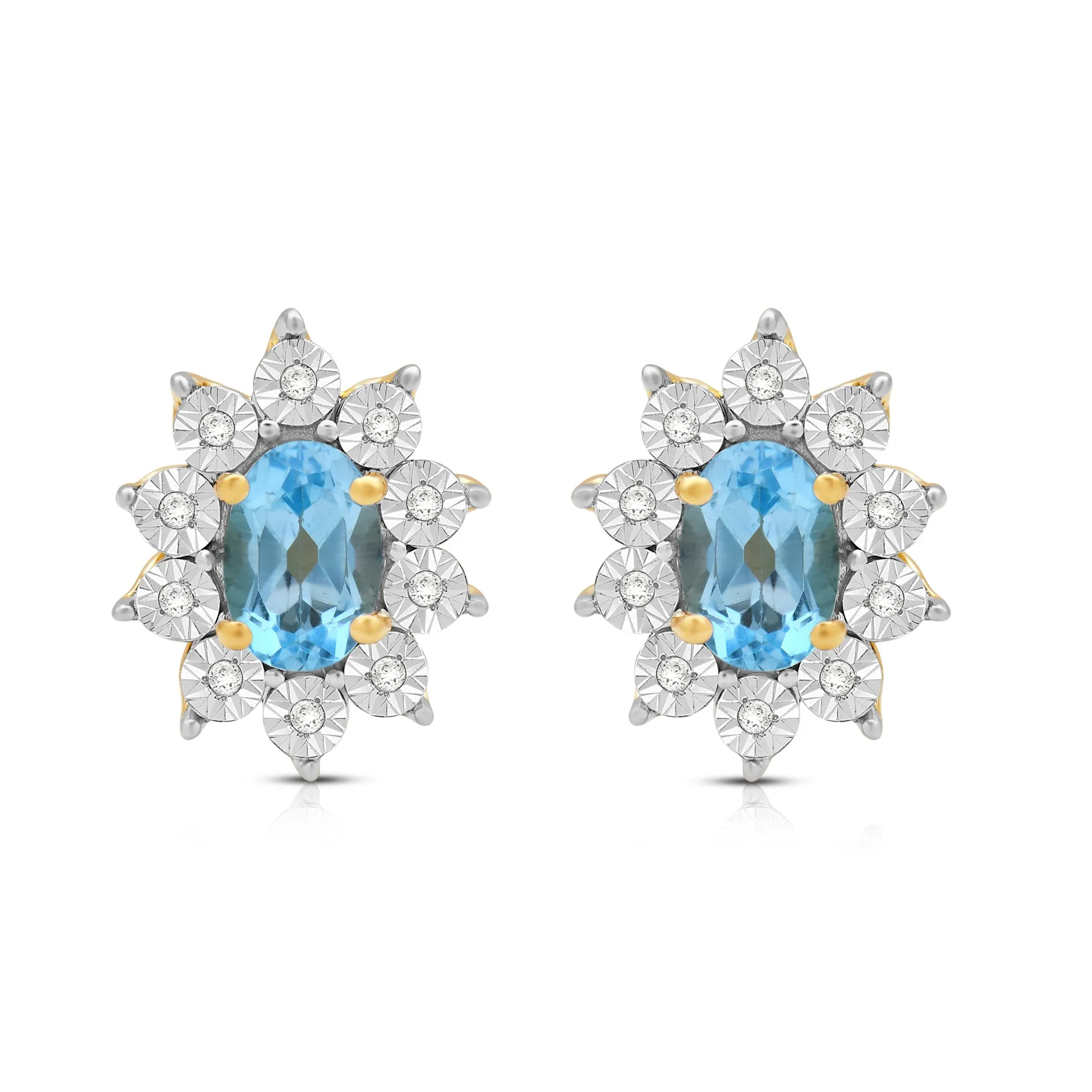 Jewelili 18K Yellow Gold over Sterling Sliver 6x4 MM Oval Genuine Swiss Blue Topaz and 1/20 Cttw Natural White Round Diamond Cluster Stud Earrings