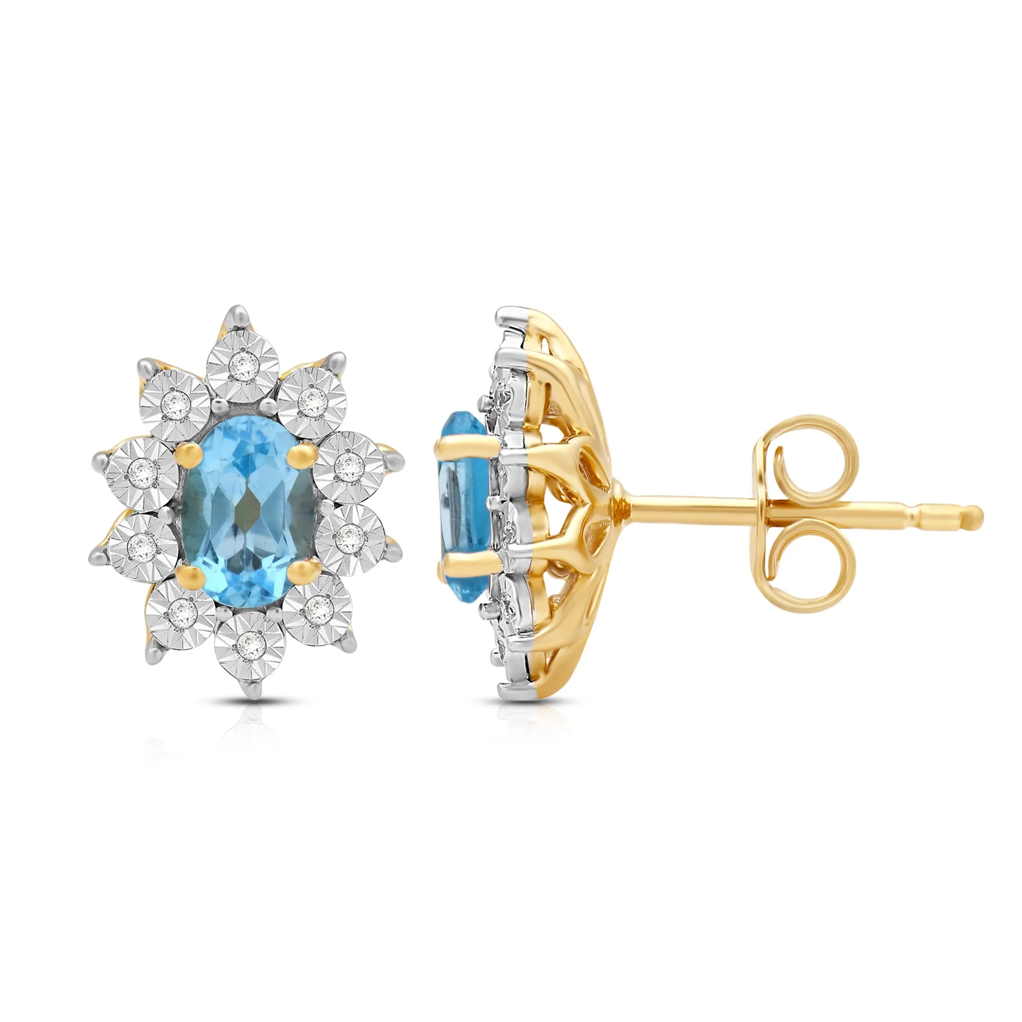 Jewelili 18K Yellow Gold over Sterling Sliver 6x4 MM Oval Genuine Swiss Blue Topaz and 1/20 Cttw Natural White Round Diamond Cluster Stud Earrings