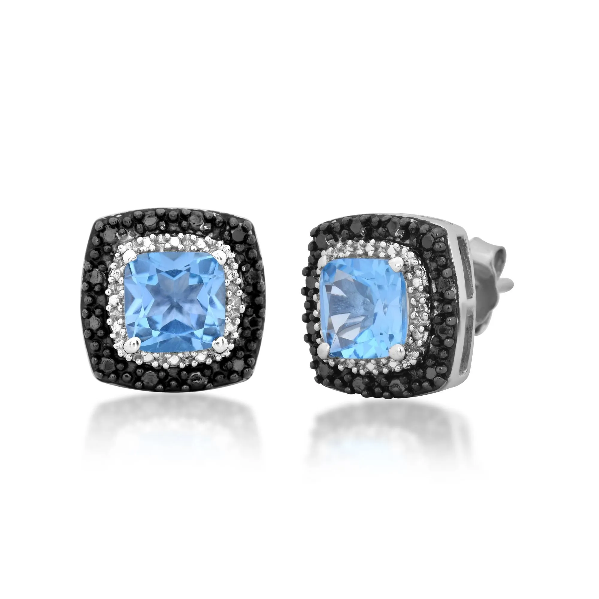 Jewelili Sterling Silver with Cushion Shape Sky Blue Topaz and Treated Black with White Diamonds Stud Earrings