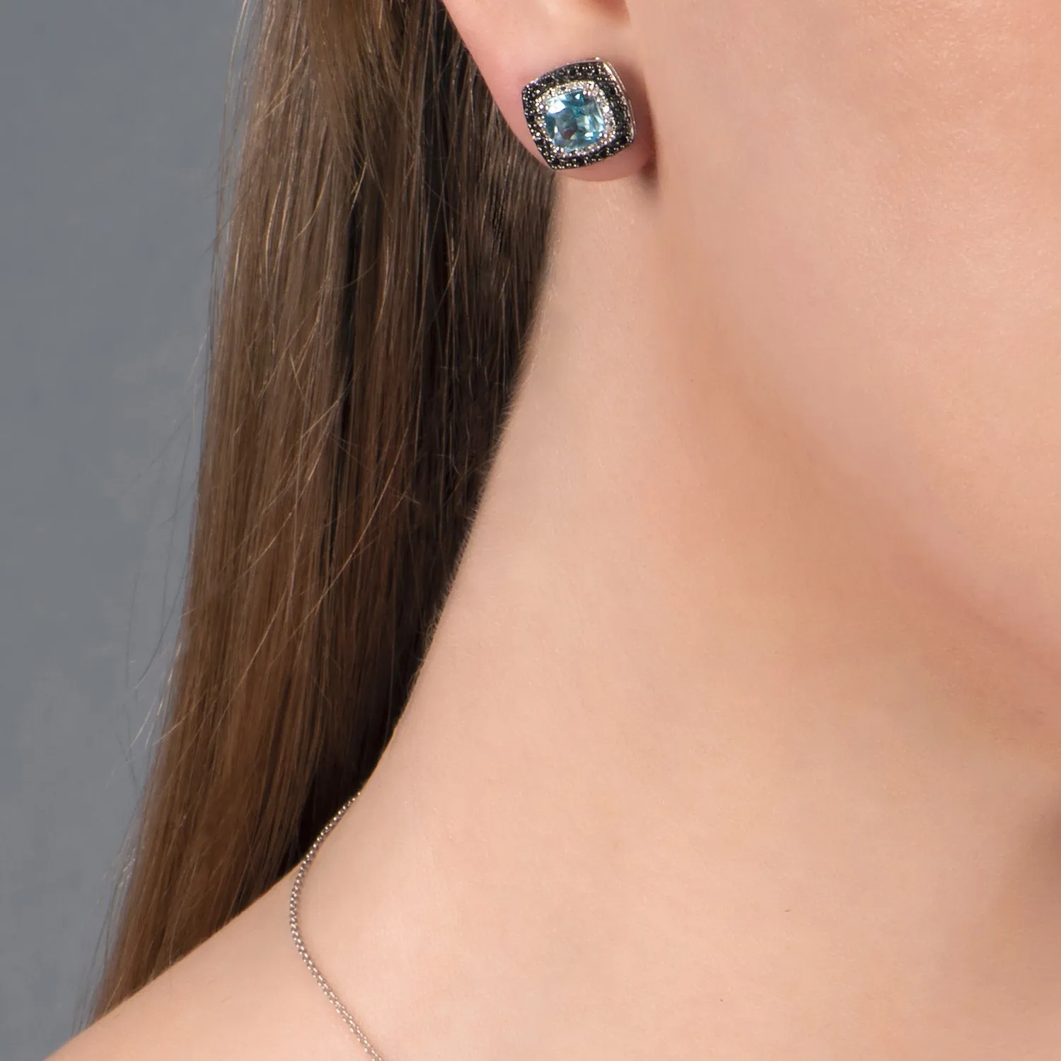 Jewelili Sterling Silver with Cushion Shape Sky Blue Topaz and Treated Black with White Diamonds Stud Earrings