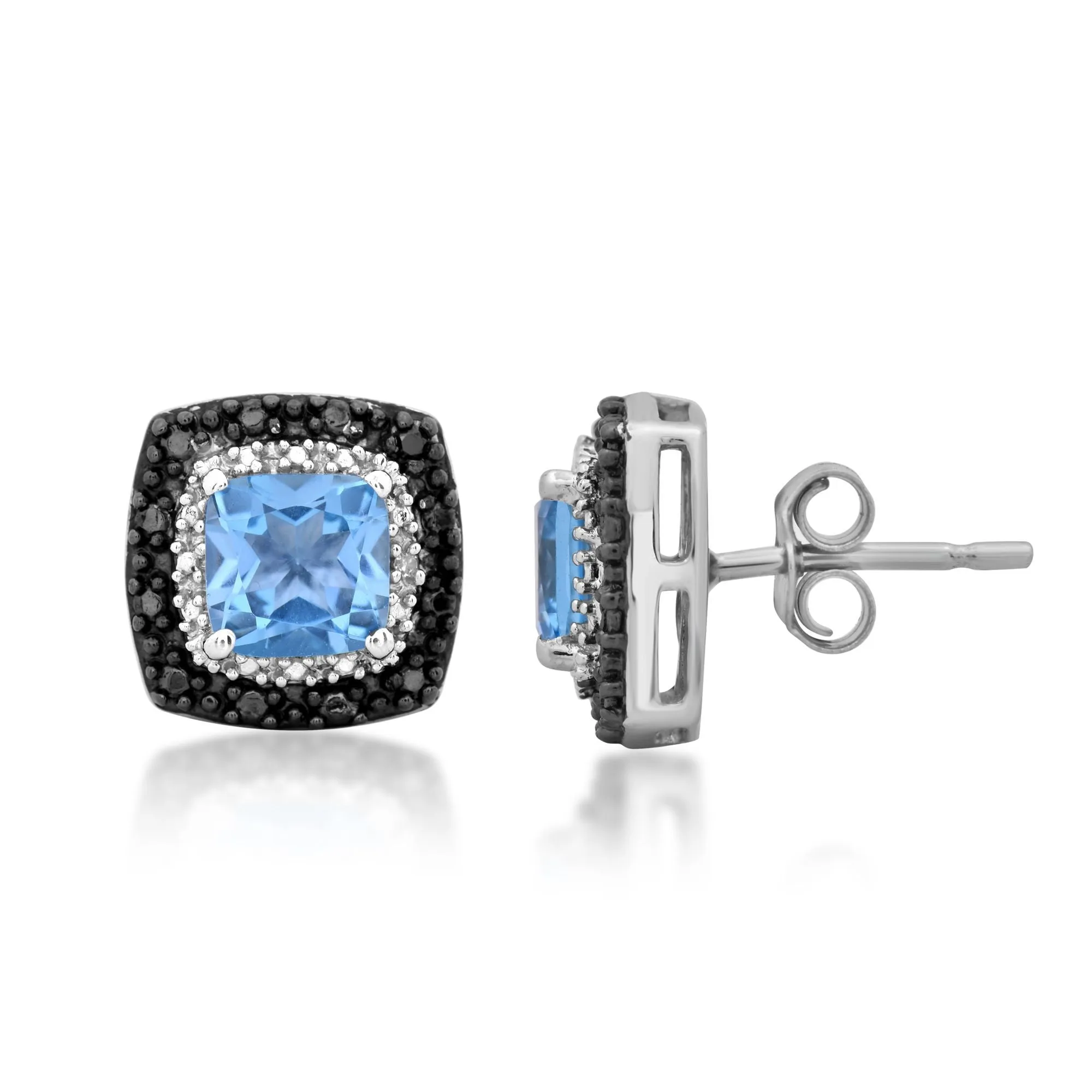 Jewelili Sterling Silver with Cushion Shape Sky Blue Topaz and Treated Black with White Diamonds Stud Earrings