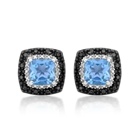 Jewelili Sterling Silver with Cushion Shape Sky Blue Topaz and Treated Black with White Diamonds Stud Earrings