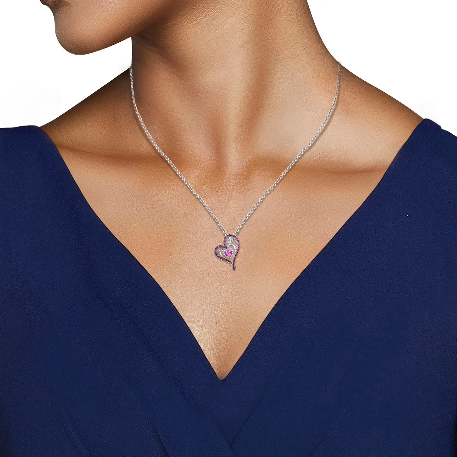 Jewelili Sterling Silver with Heart Shape Created Ruby and Round Created Pink Sapphire Heart Pendant Necklace