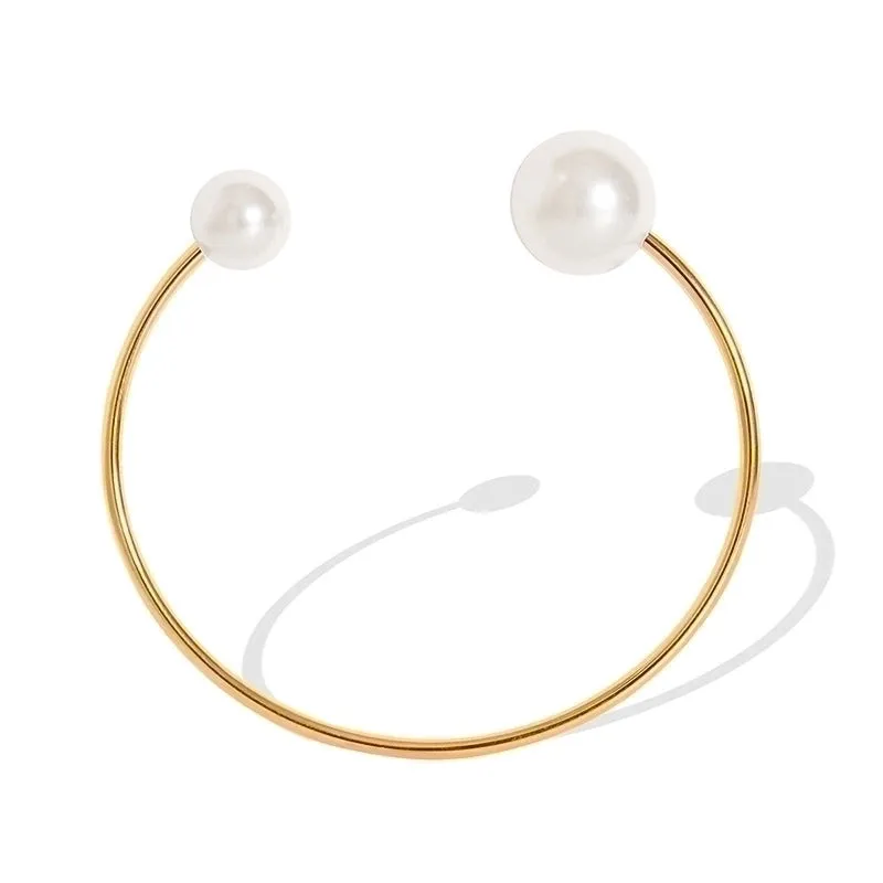 Korean Style Imitation Pearl Opening Bracelet Titanium Steel Plated 18k Gold Jewelry Wholesale