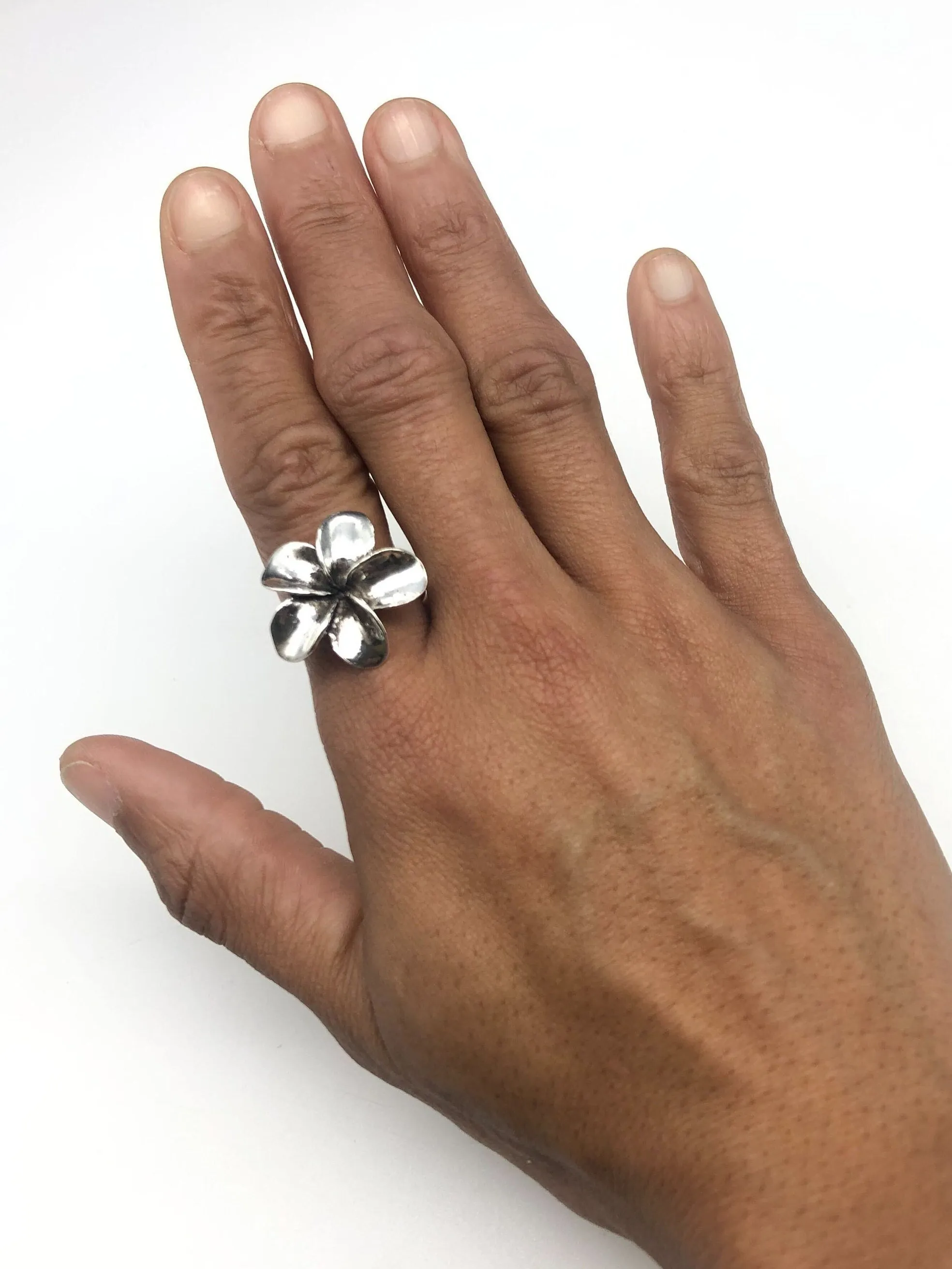 Large Silver Flower Ring - Hawaiian Flower Ring - Silver Flower Ring