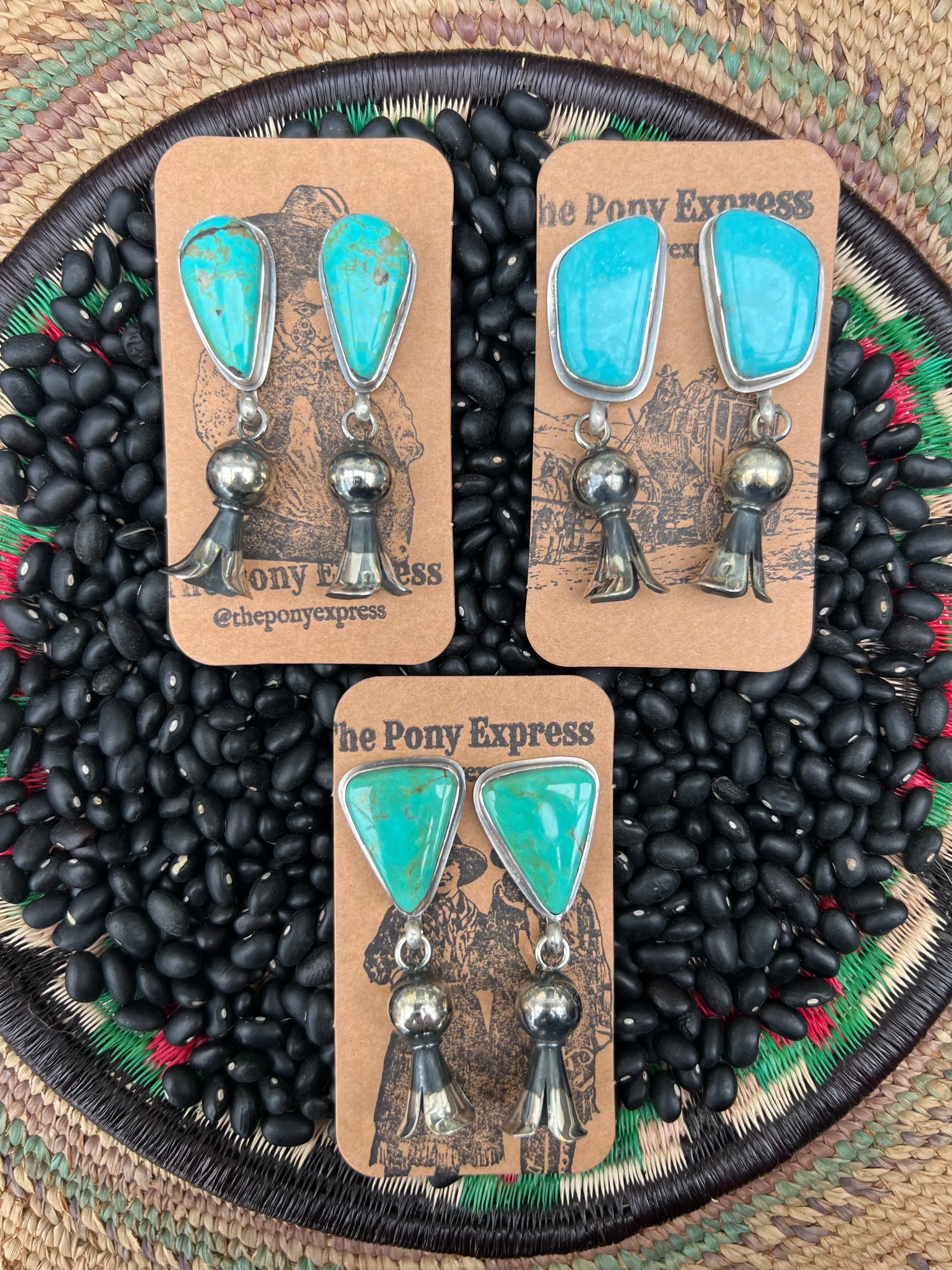 Large Turquoise earrings with squash blossom pendant dangles