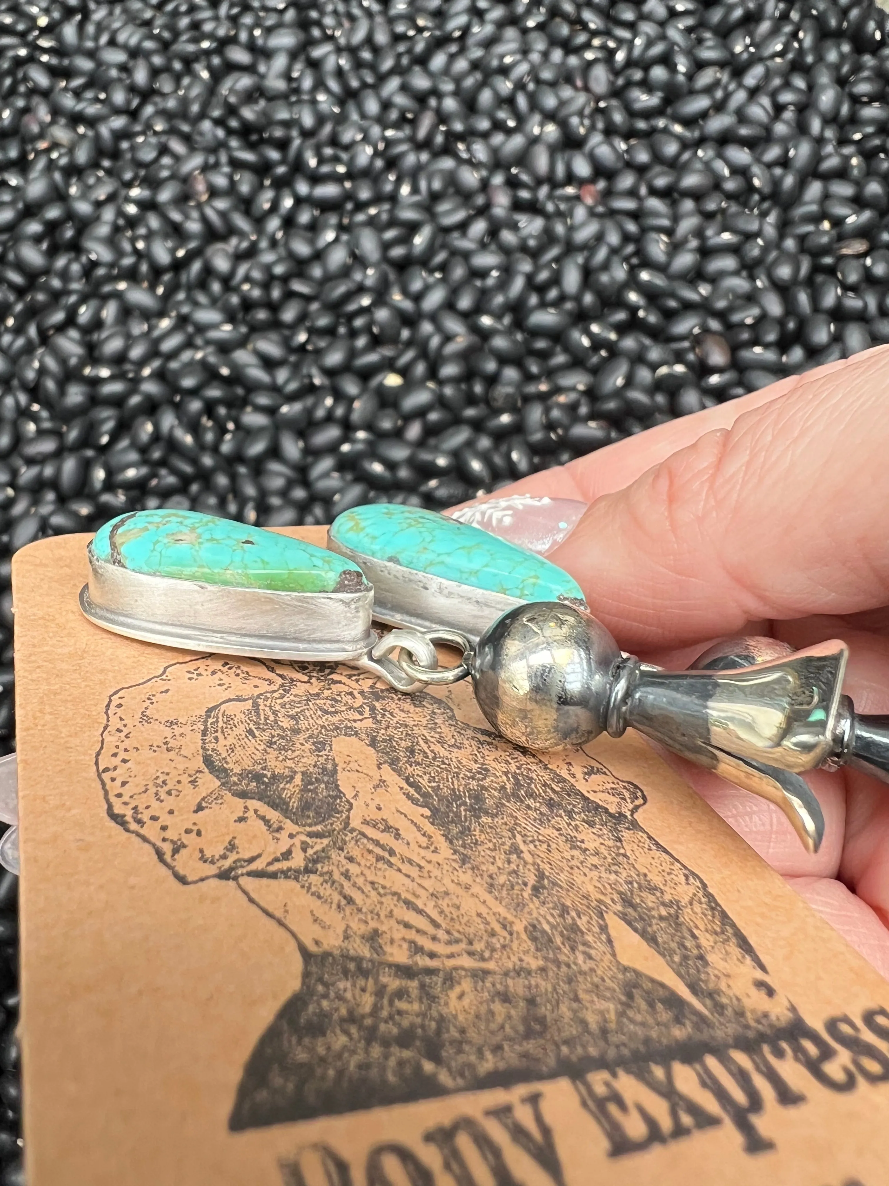 Large Turquoise earrings with squash blossom pendant dangles