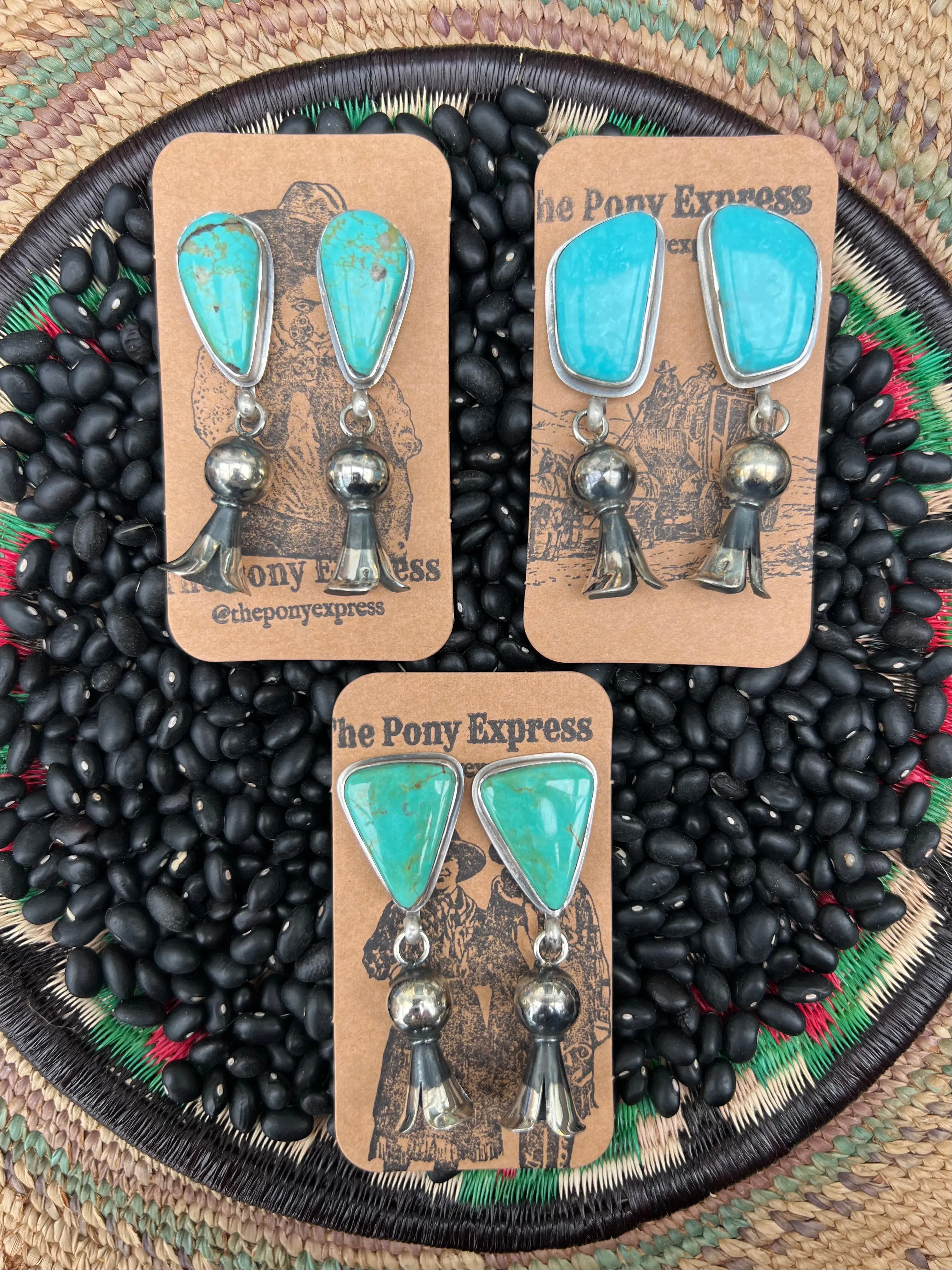 Large Turquoise earrings with squash blossom pendant dangles