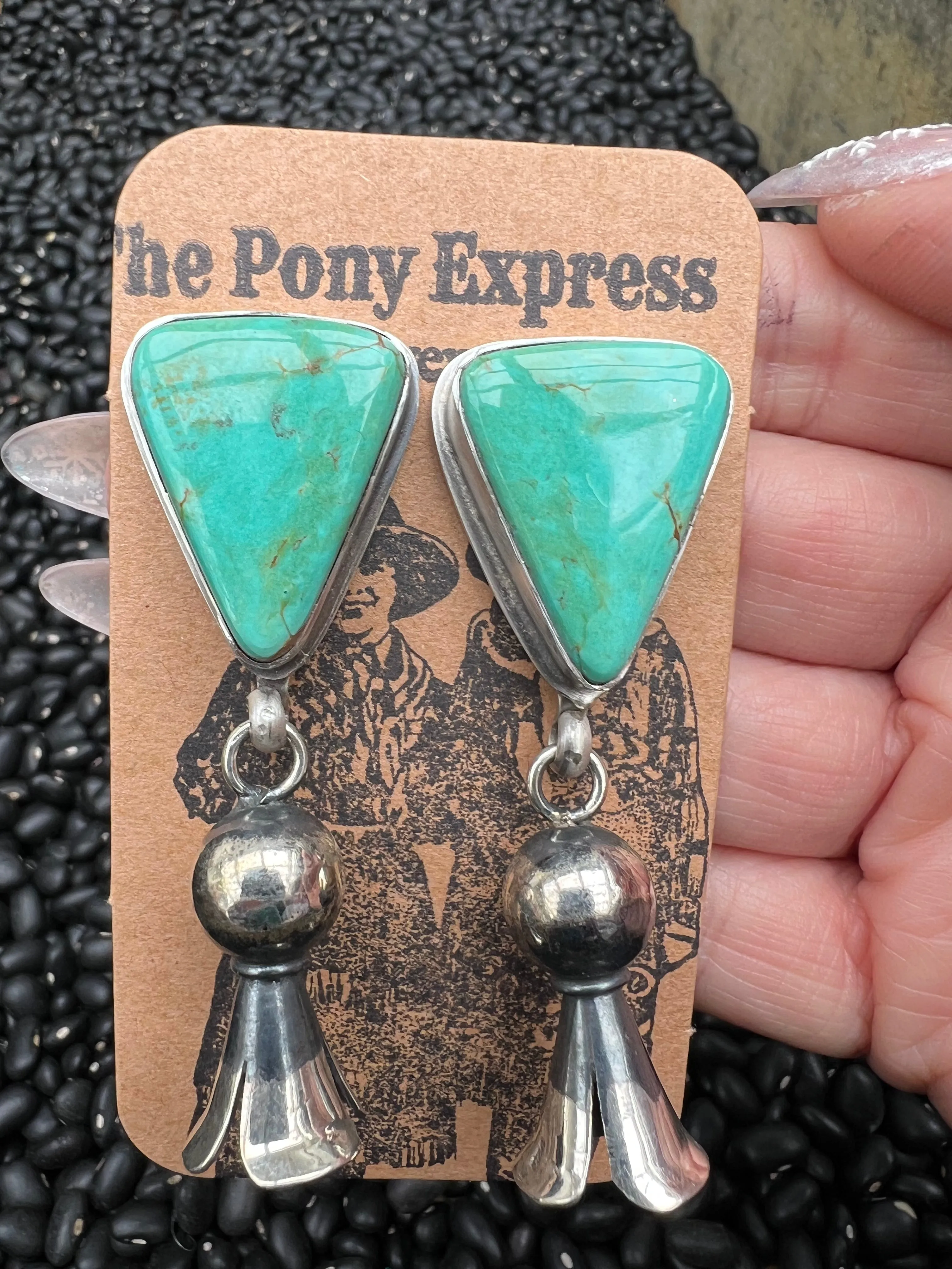 Large Turquoise earrings with squash blossom pendant dangles