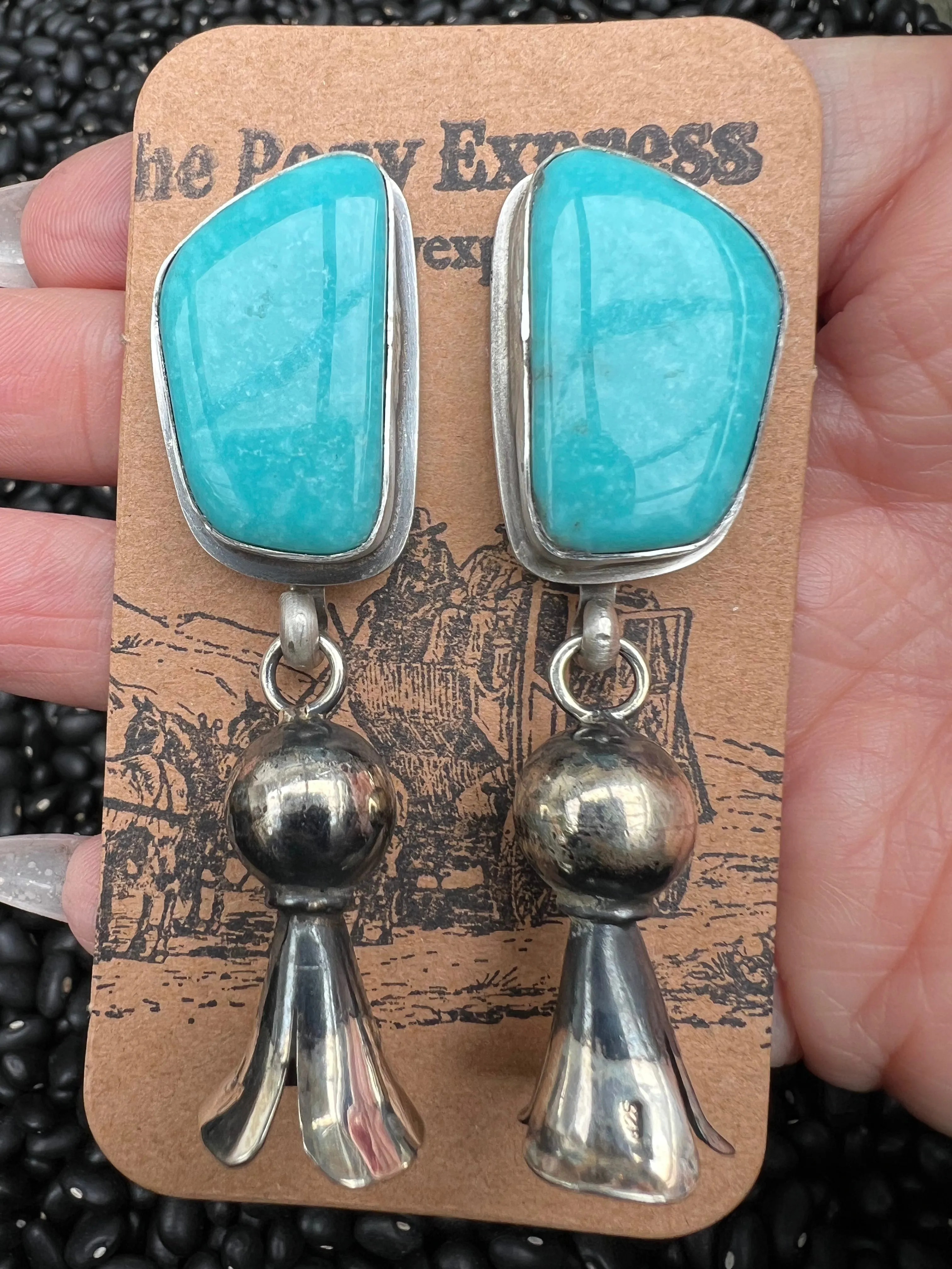 Large Turquoise earrings with squash blossom pendant dangles