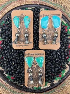 Large Turquoise earrings with squash blossom pendant dangles