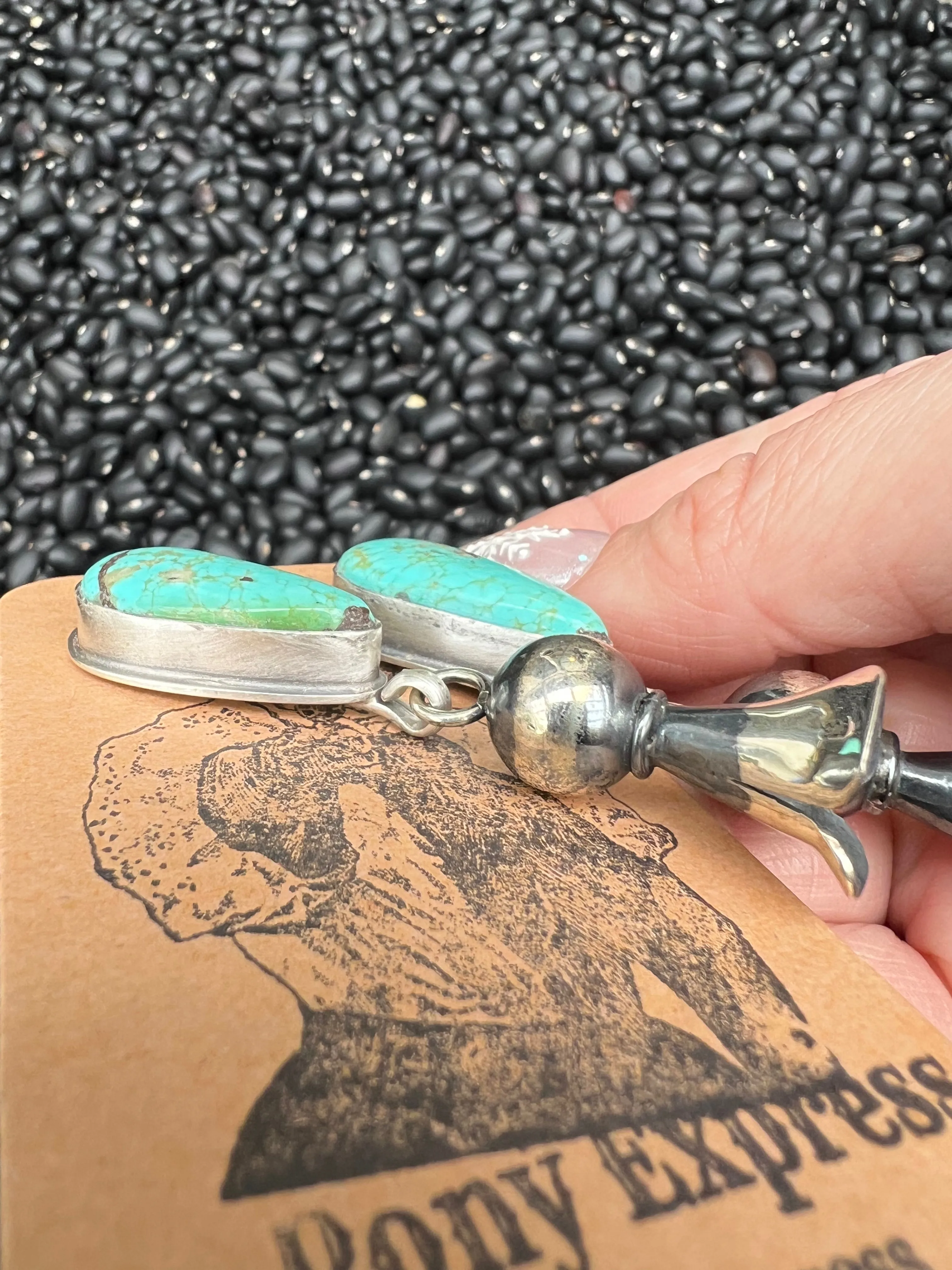 Large Turquoise earrings with squash blossom pendant dangles