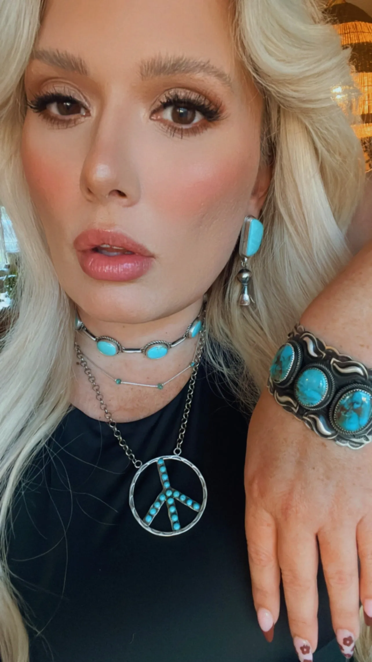 Large Turquoise earrings with squash blossom pendant dangles