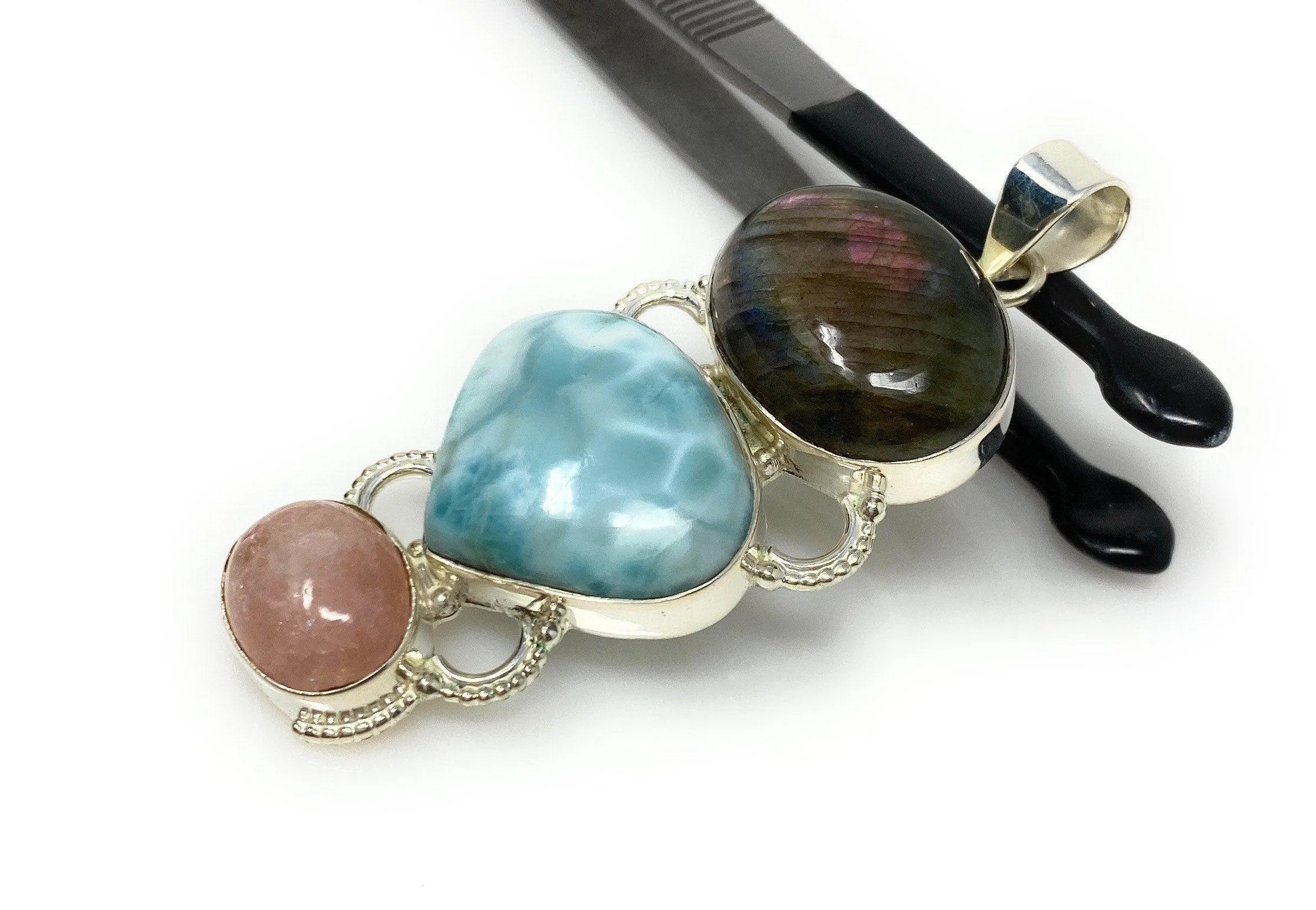 Larimar Gemstone Pendant with Purple Flash Labradorite and Morganite ,