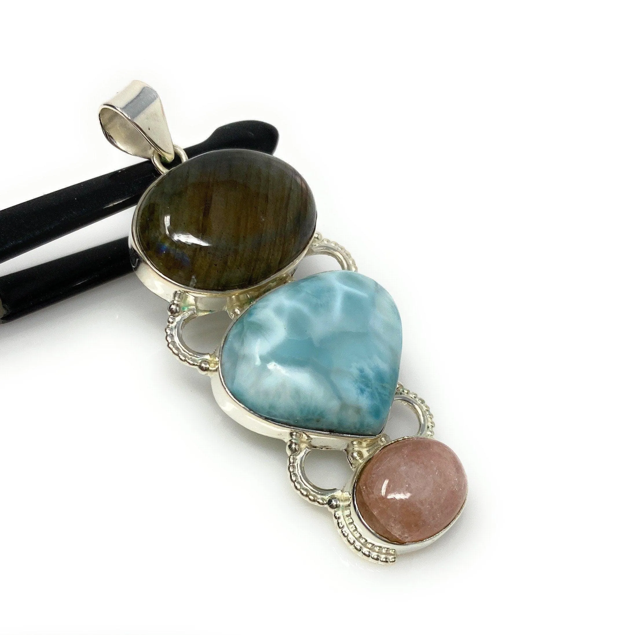 Larimar Gemstone Pendant with Purple Flash Labradorite and Morganite ,