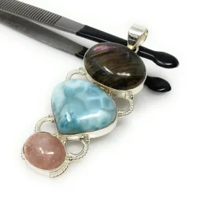 Larimar Gemstone Pendant with Purple Flash Labradorite and Morganite ,