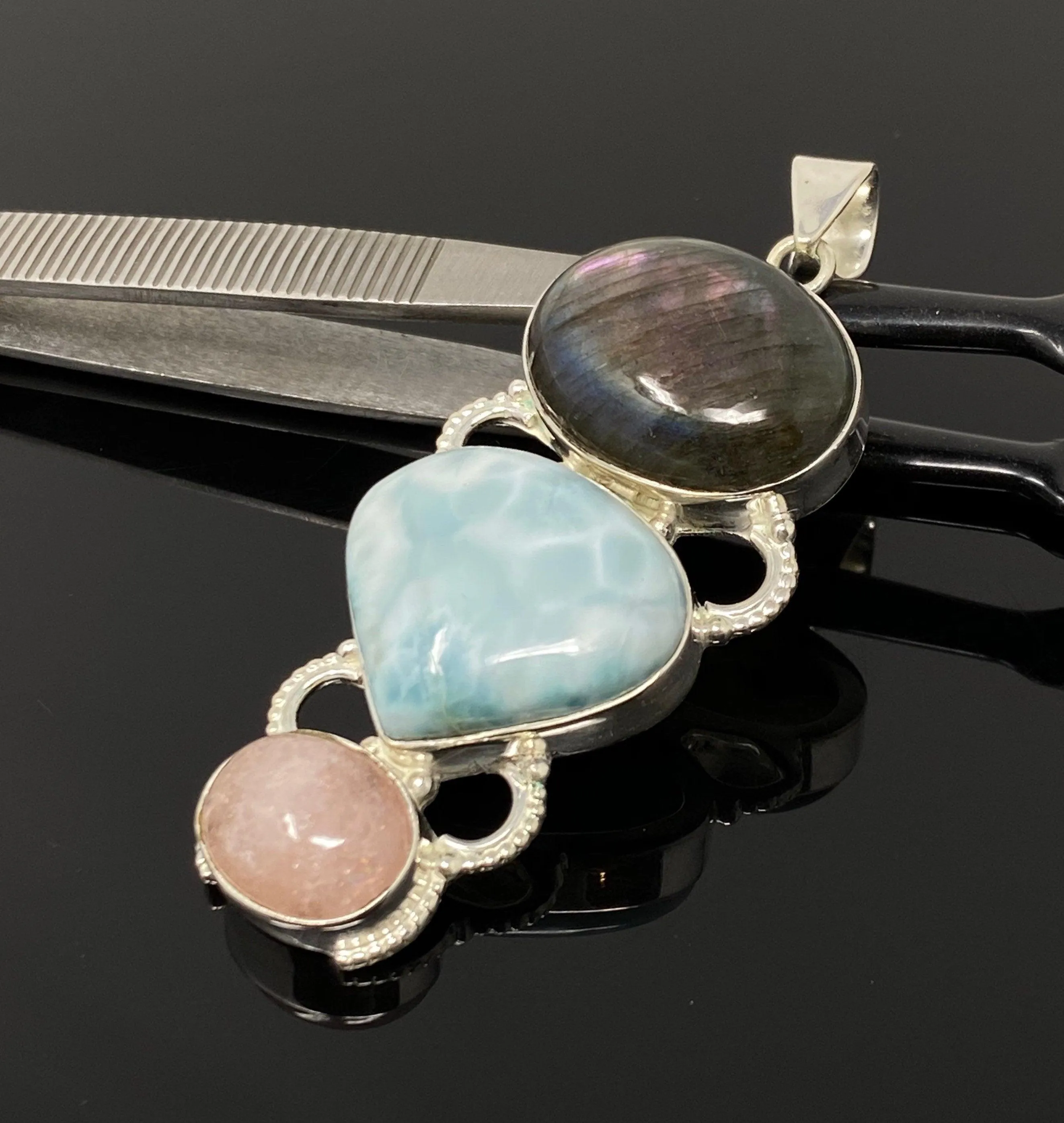 Larimar Gemstone Pendant with Purple Flash Labradorite and Morganite ,