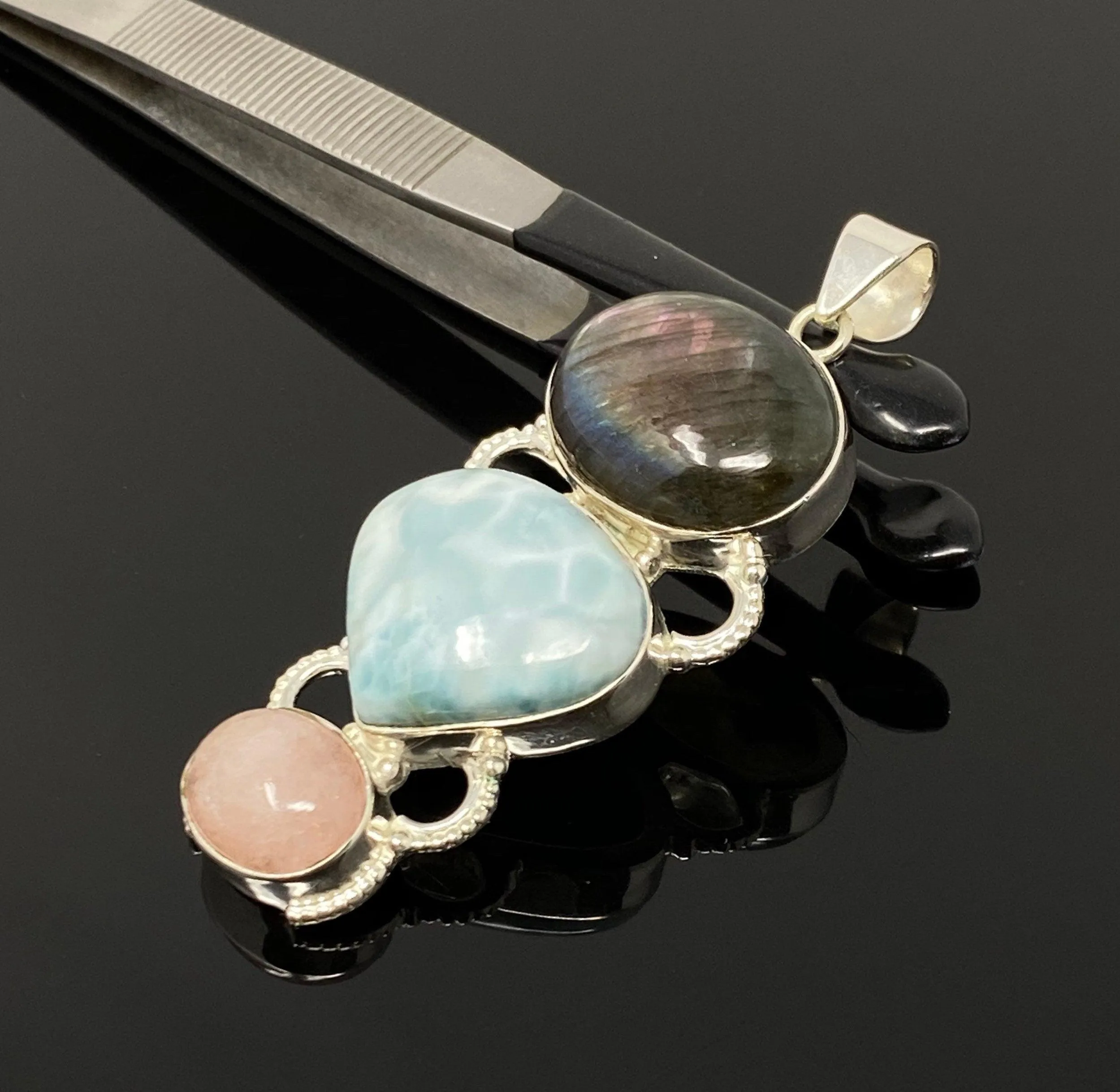 Larimar Gemstone Pendant with Purple Flash Labradorite and Morganite ,