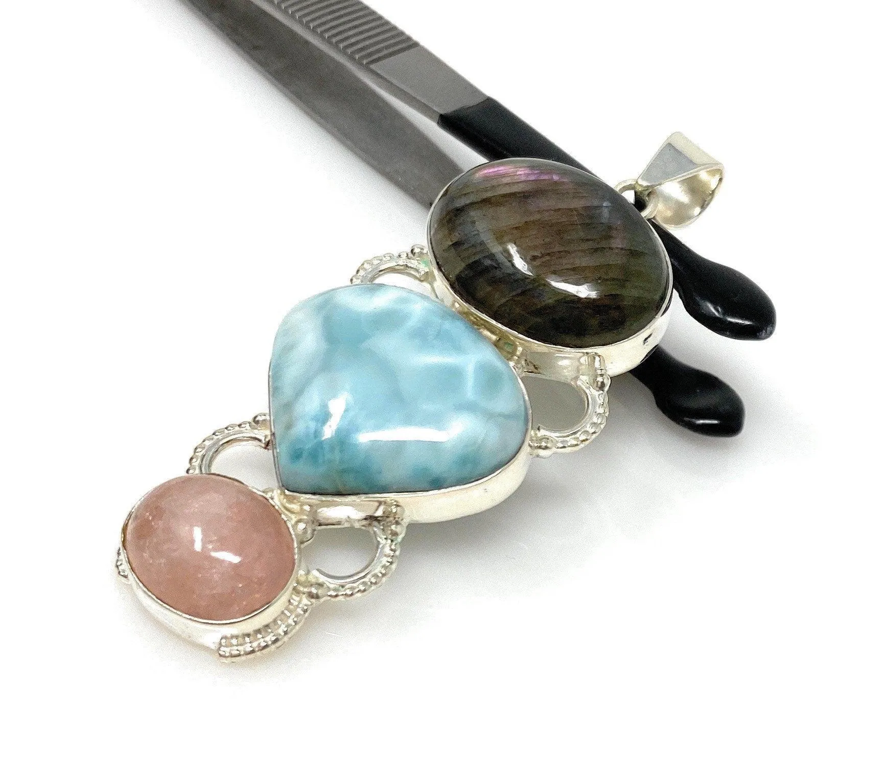 Larimar Gemstone Pendant with Purple Flash Labradorite and Morganite ,