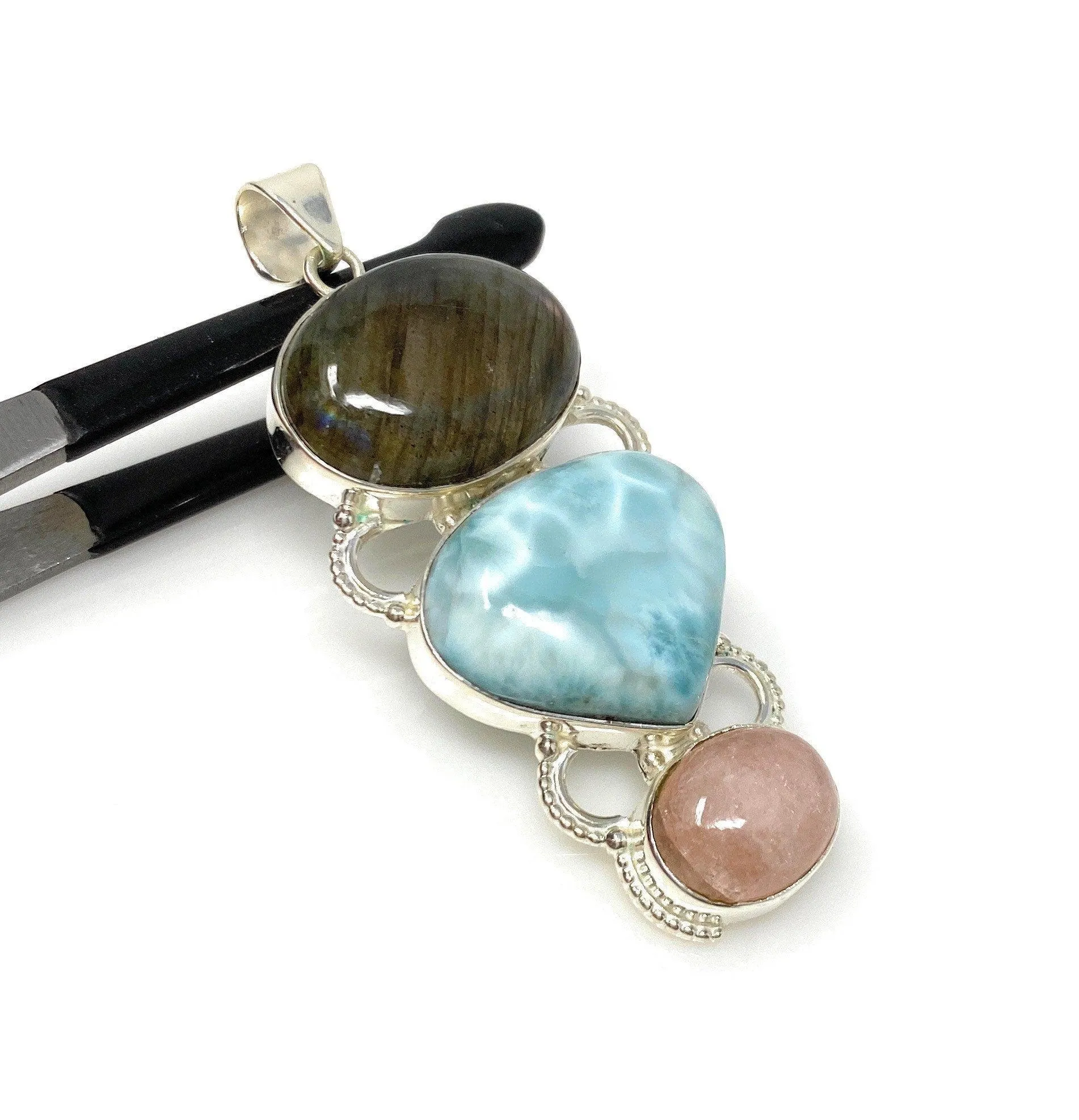 Larimar Gemstone Pendant with Purple Flash Labradorite and Morganite ,