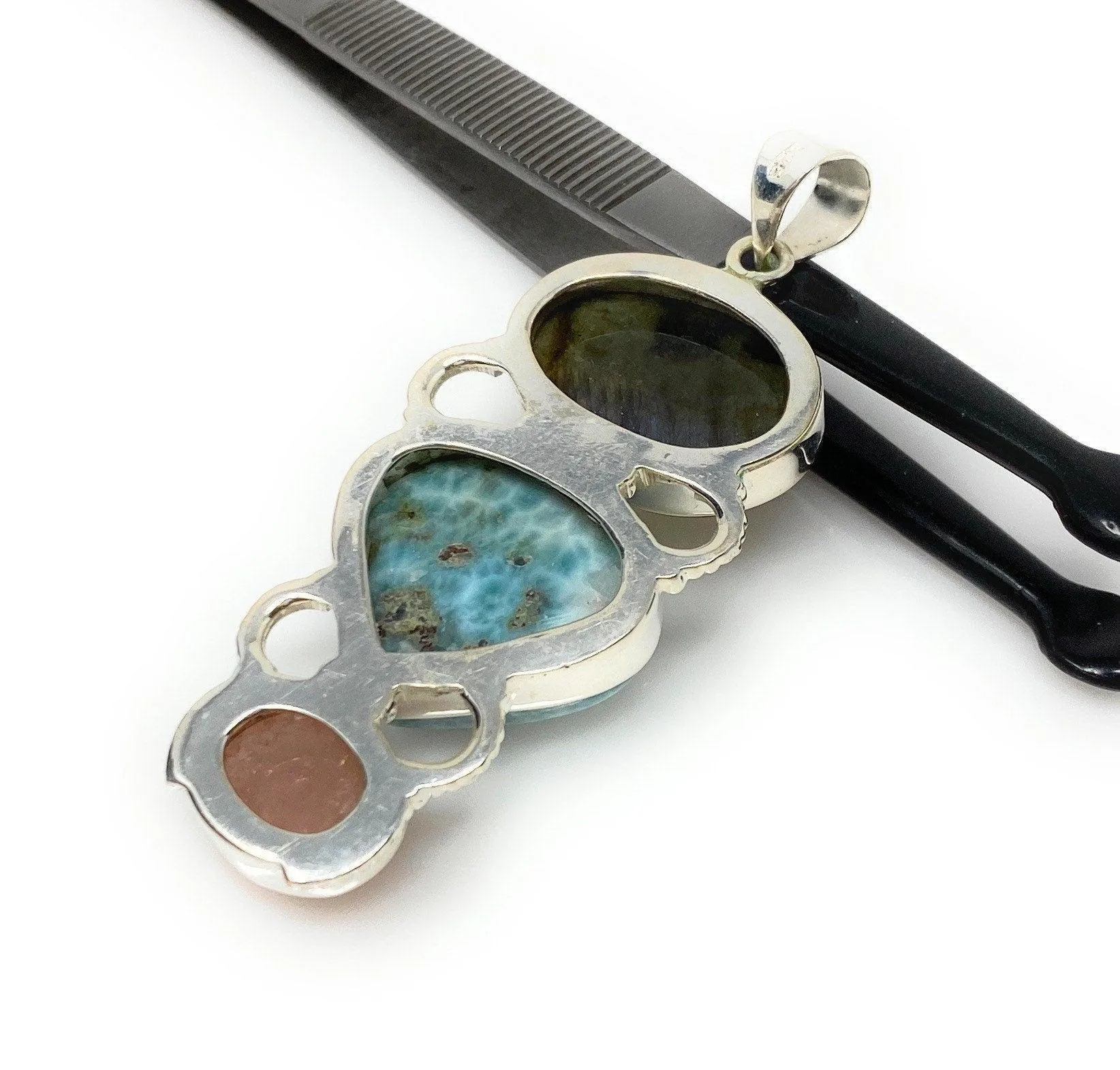 Larimar Gemstone Pendant with Purple Flash Labradorite and Morganite ,