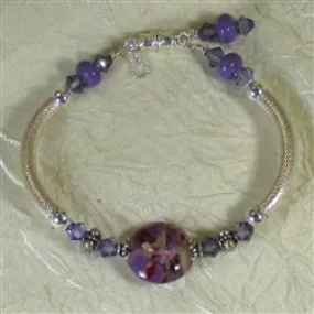 Lilac Hadnade Artisan Bead Silver Bangle Bracelet
