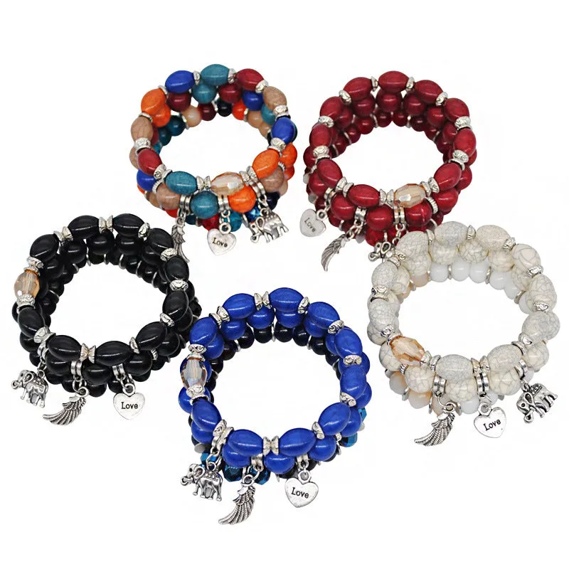 Marble Pattern Bracelet Beaded Elephant Wings Love Pendant Multilayer Combination Bracelet