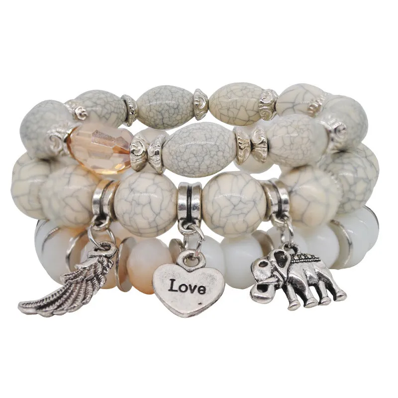 Marble Pattern Bracelet Beaded Elephant Wings Love Pendant Multilayer Combination Bracelet