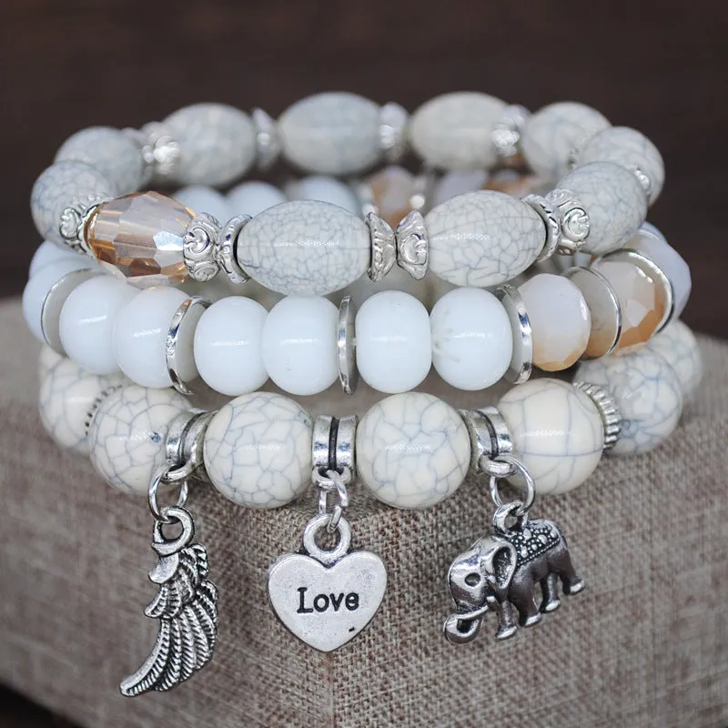 Marble Pattern Bracelet Beaded Elephant Wings Love Pendant Multilayer Combination Bracelet