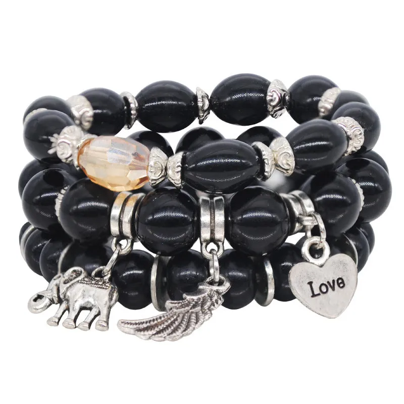 Marble Pattern Bracelet Beaded Elephant Wings Love Pendant Multilayer Combination Bracelet