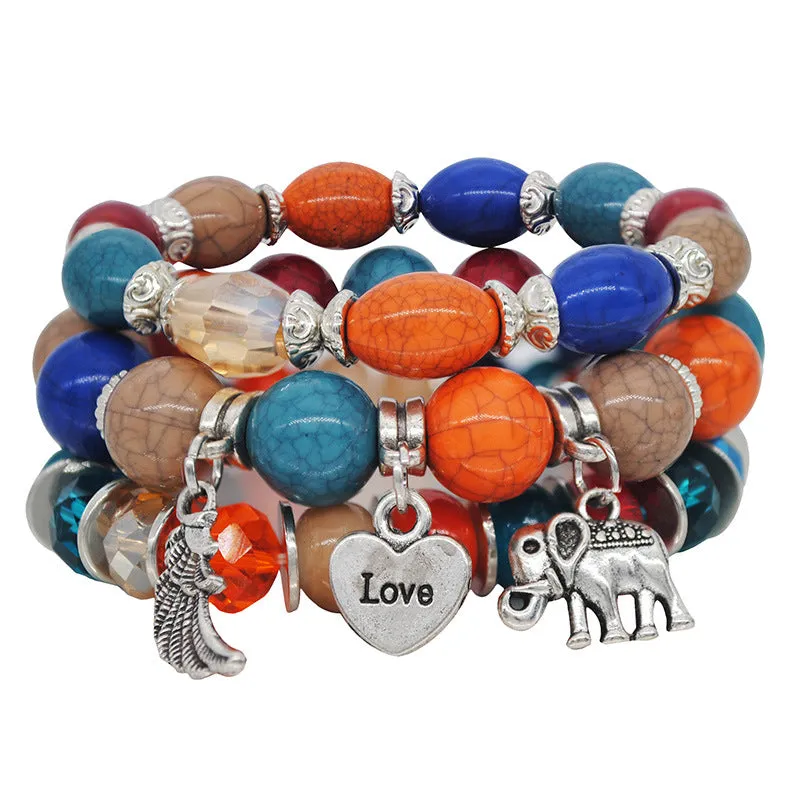 Marble Pattern Bracelet Beaded Elephant Wings Love Pendant Multilayer Combination Bracelet