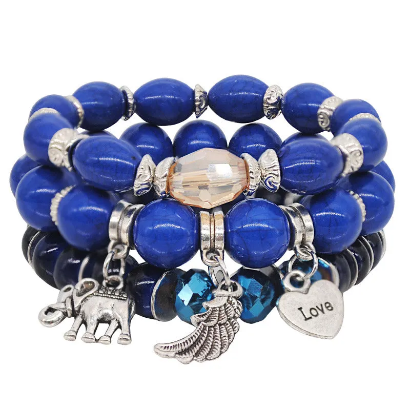 Marble Pattern Bracelet Beaded Elephant Wings Love Pendant Multilayer Combination Bracelet