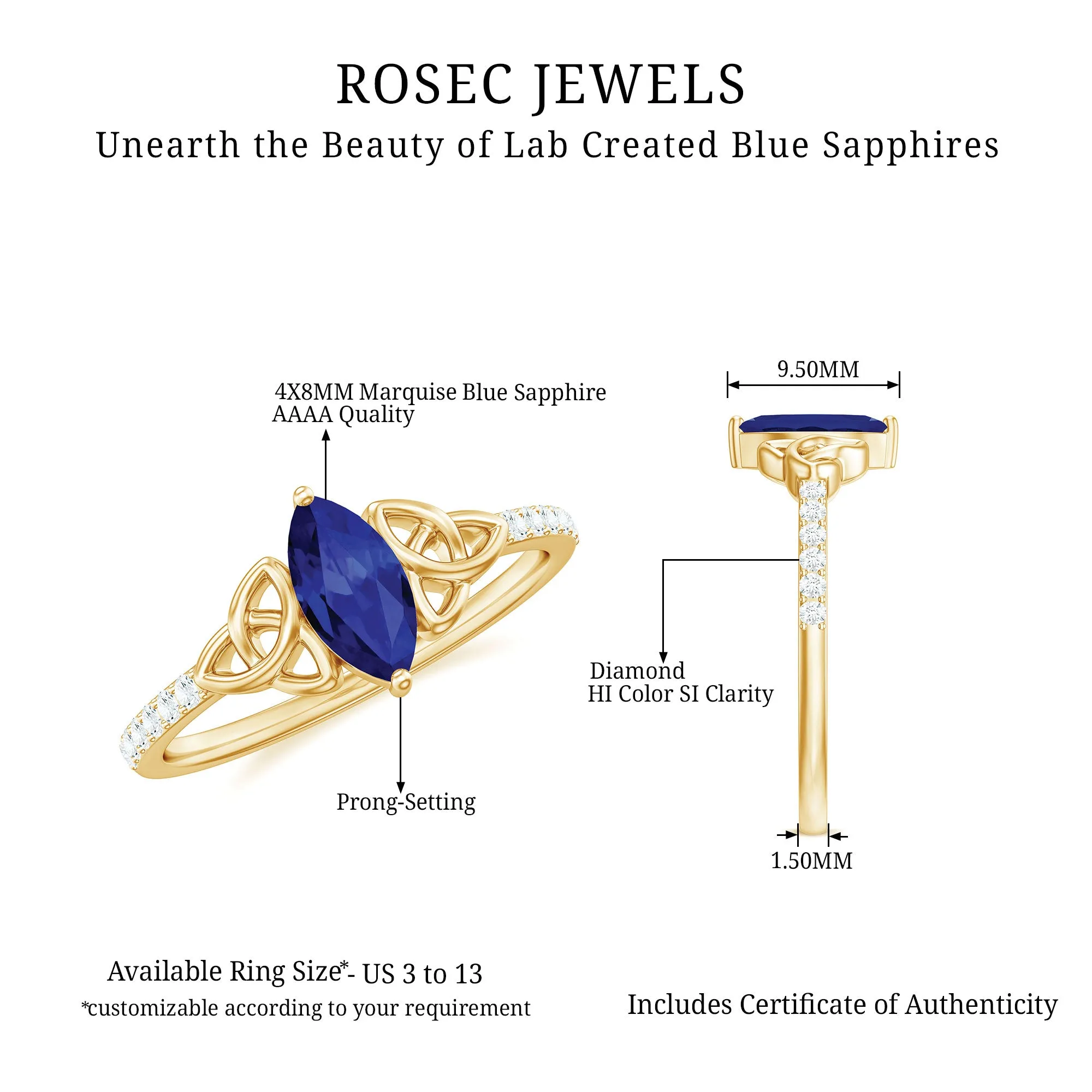 Marquise Cut Solitaire Created Blue Sapphire Celtic Knot Ring with Diamond