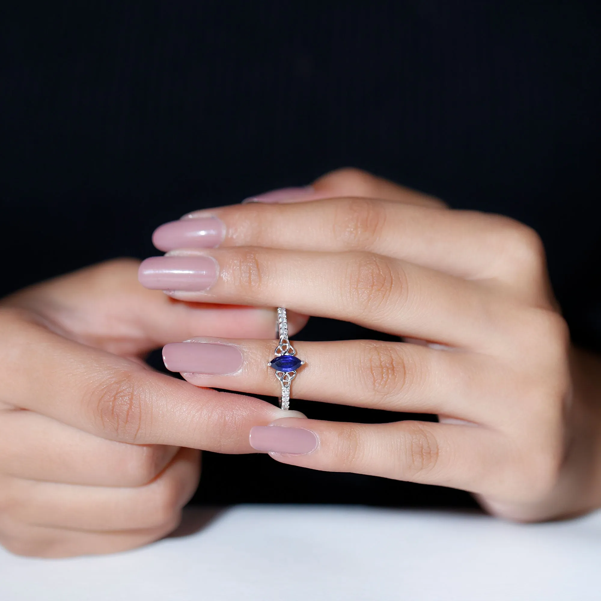 Marquise Cut Solitaire Created Blue Sapphire Celtic Knot Ring with Diamond