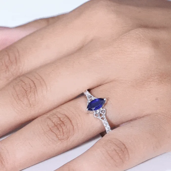 Marquise Cut Solitaire Created Blue Sapphire Celtic Knot Ring with Diamond
