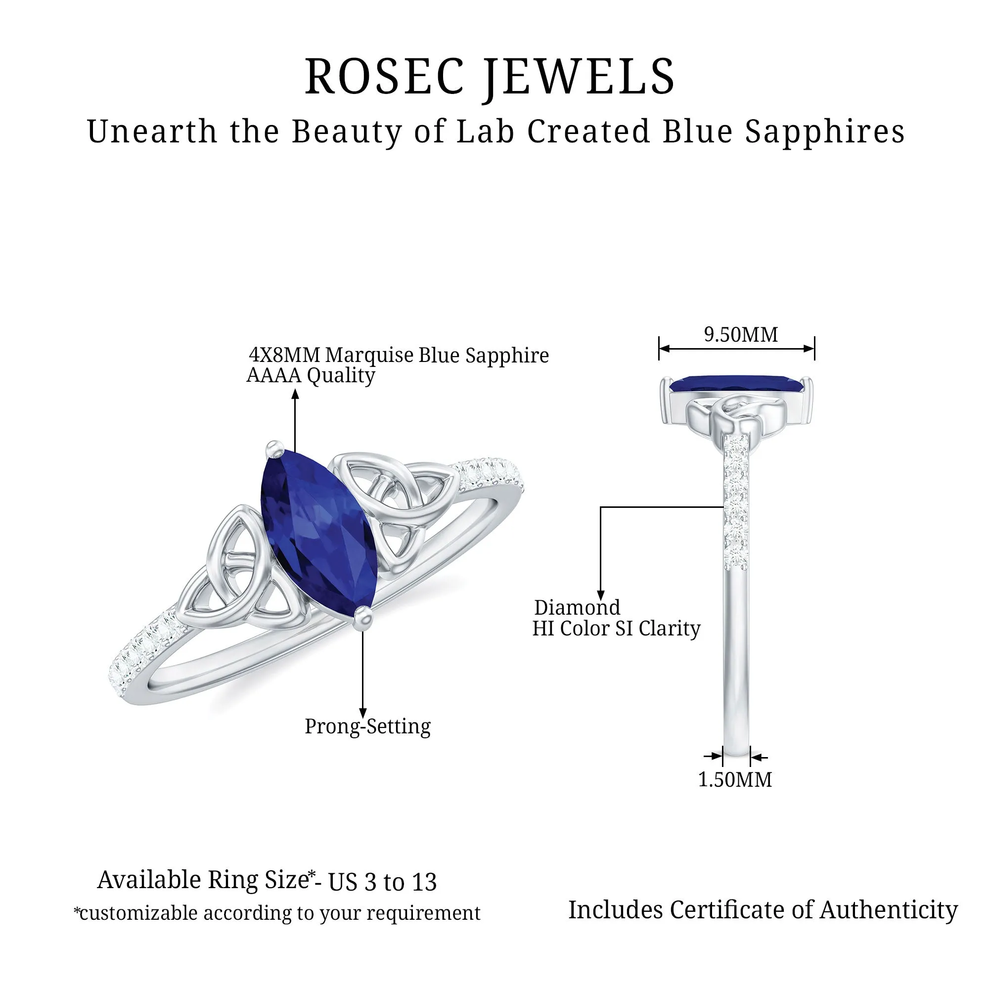 Marquise Cut Solitaire Created Blue Sapphire Celtic Knot Ring with Diamond