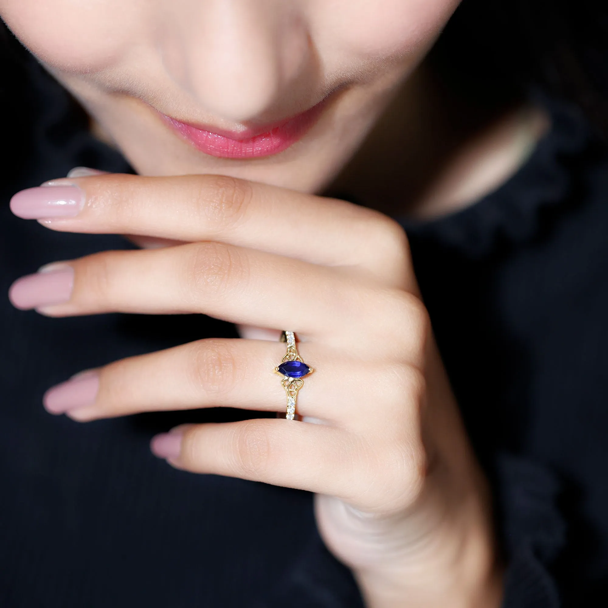 Marquise Cut Solitaire Created Blue Sapphire Celtic Knot Ring with Diamond