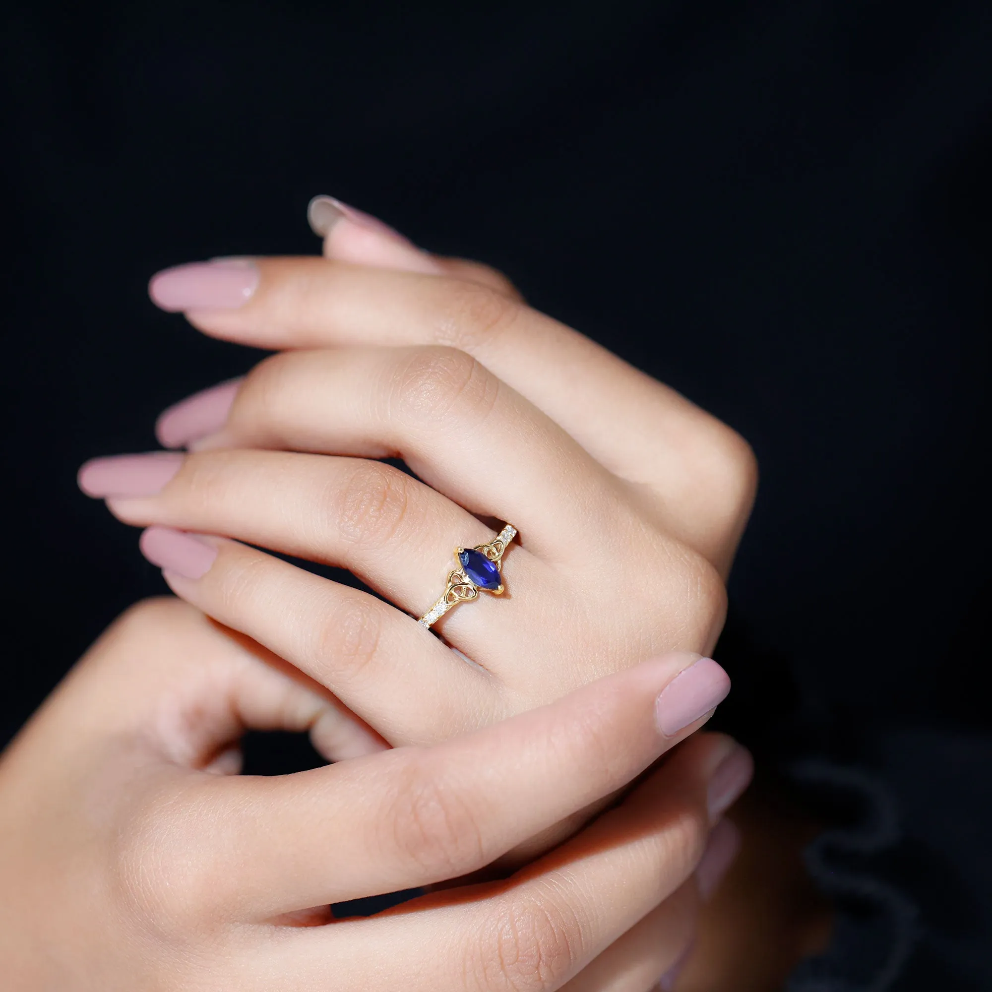 Marquise Cut Solitaire Created Blue Sapphire Celtic Knot Ring with Diamond