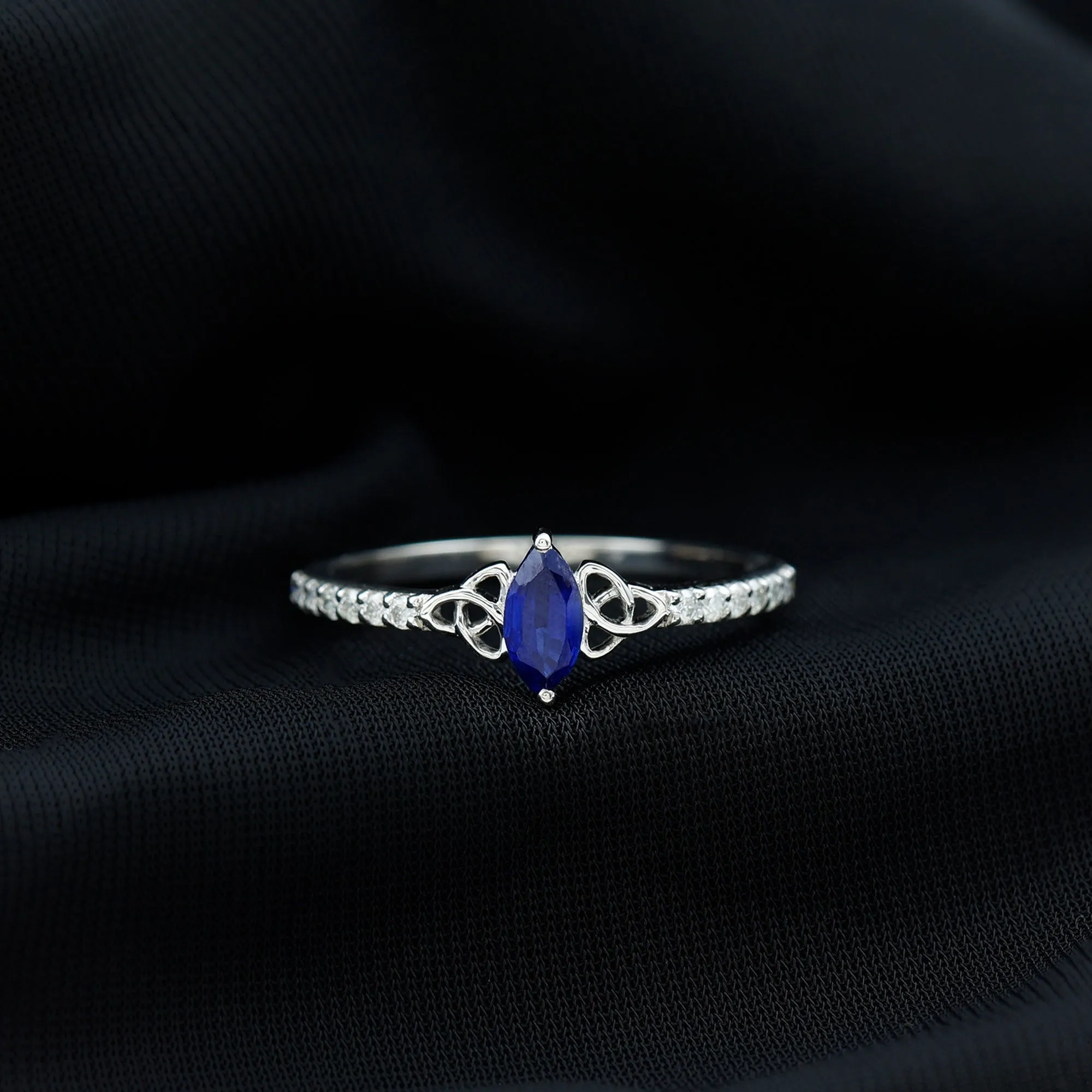 Marquise Cut Solitaire Created Blue Sapphire Celtic Knot Ring with Diamond