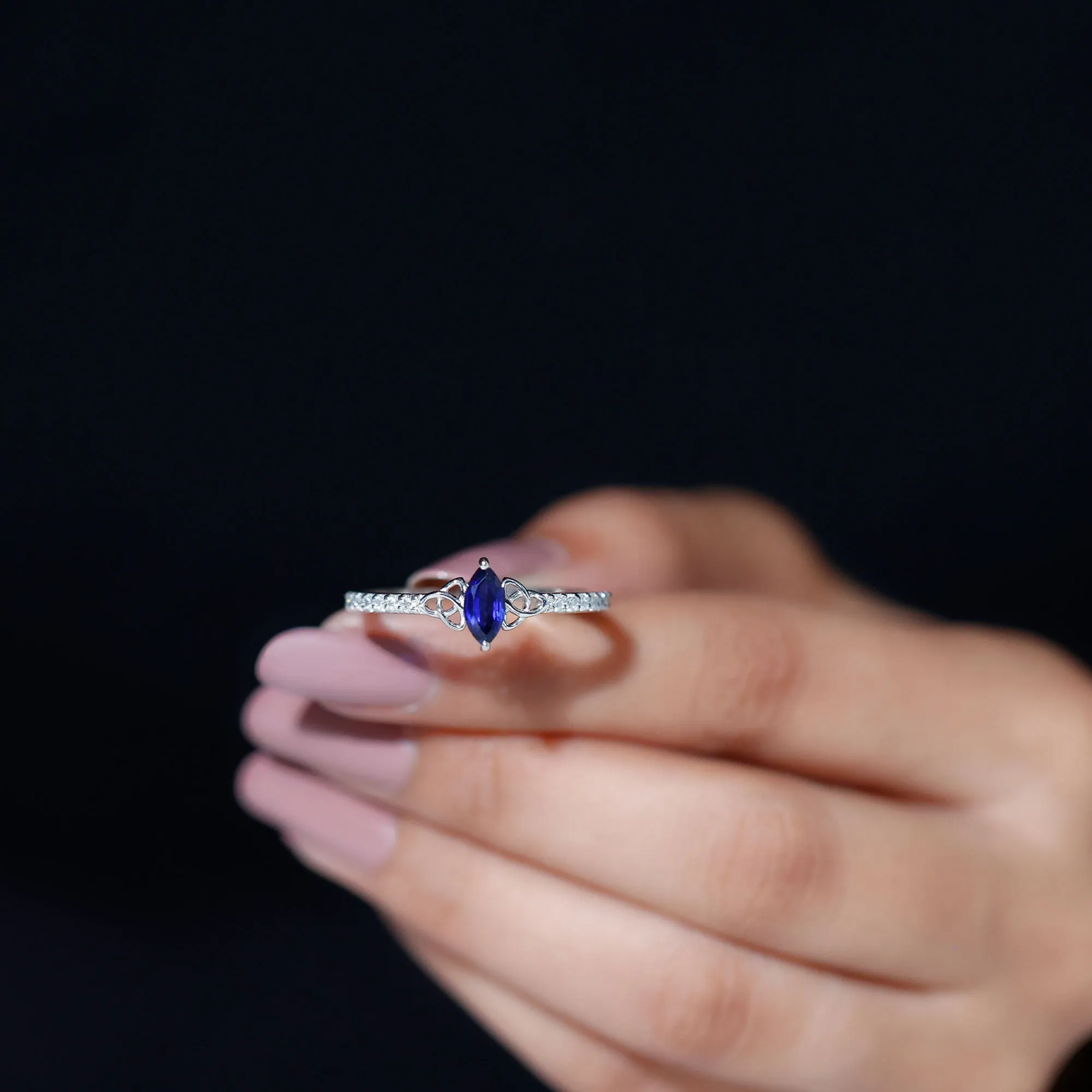 Marquise Cut Solitaire Created Blue Sapphire Celtic Knot Ring with Diamond