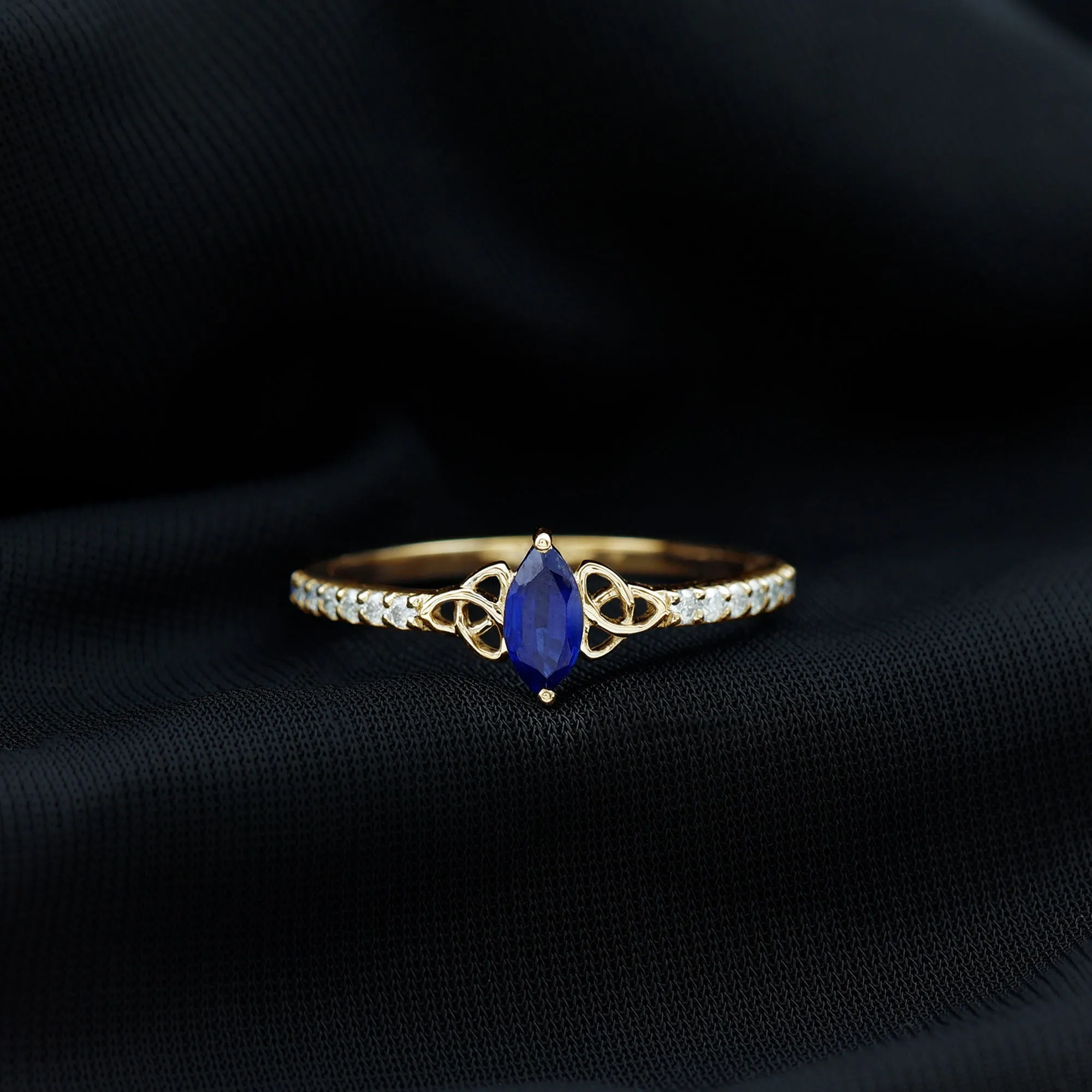 Marquise Cut Solitaire Created Blue Sapphire Celtic Knot Ring with Diamond