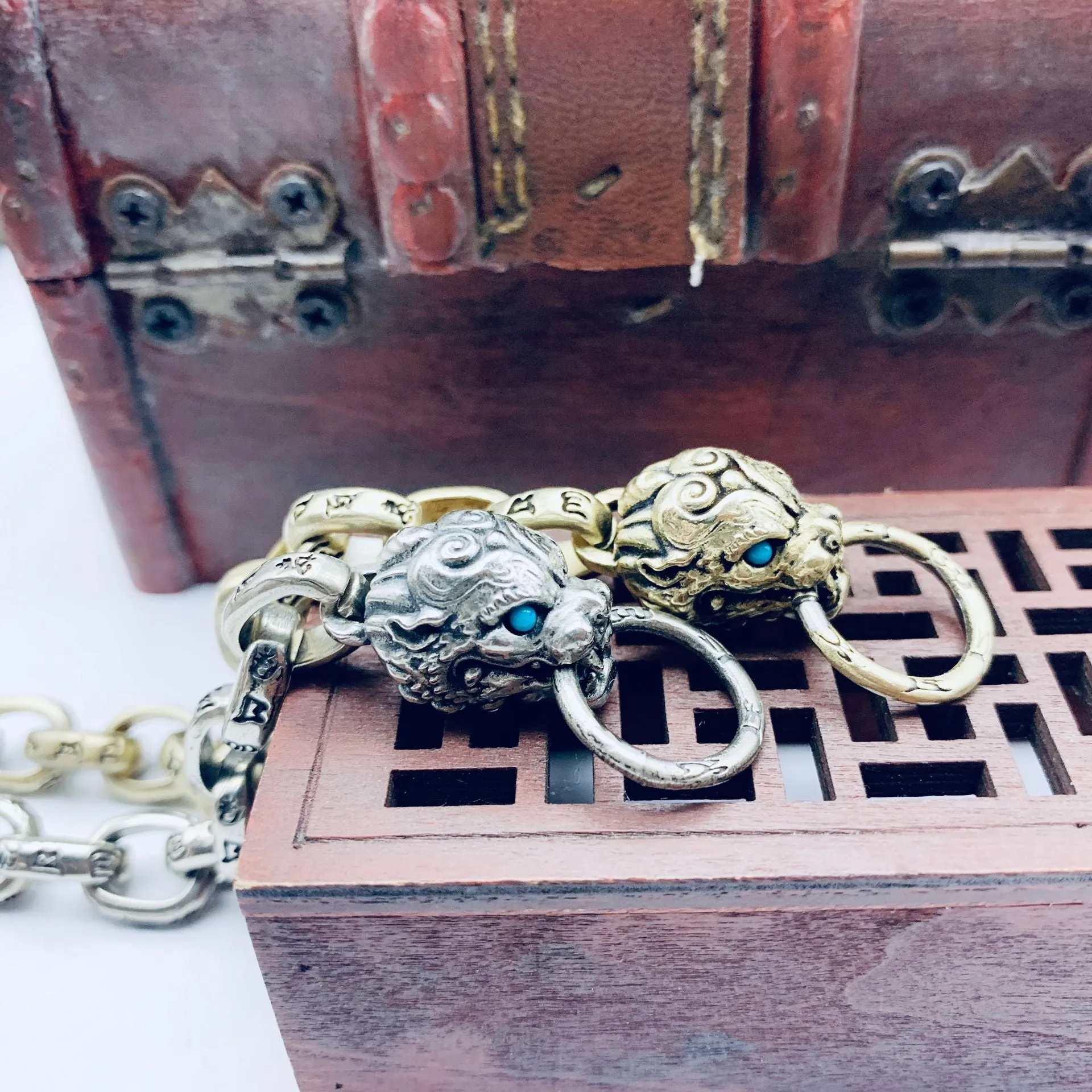 Men's Bracelet Miao Silver Buckle Four Great Beast Bracelet Feng Shui Bracelet