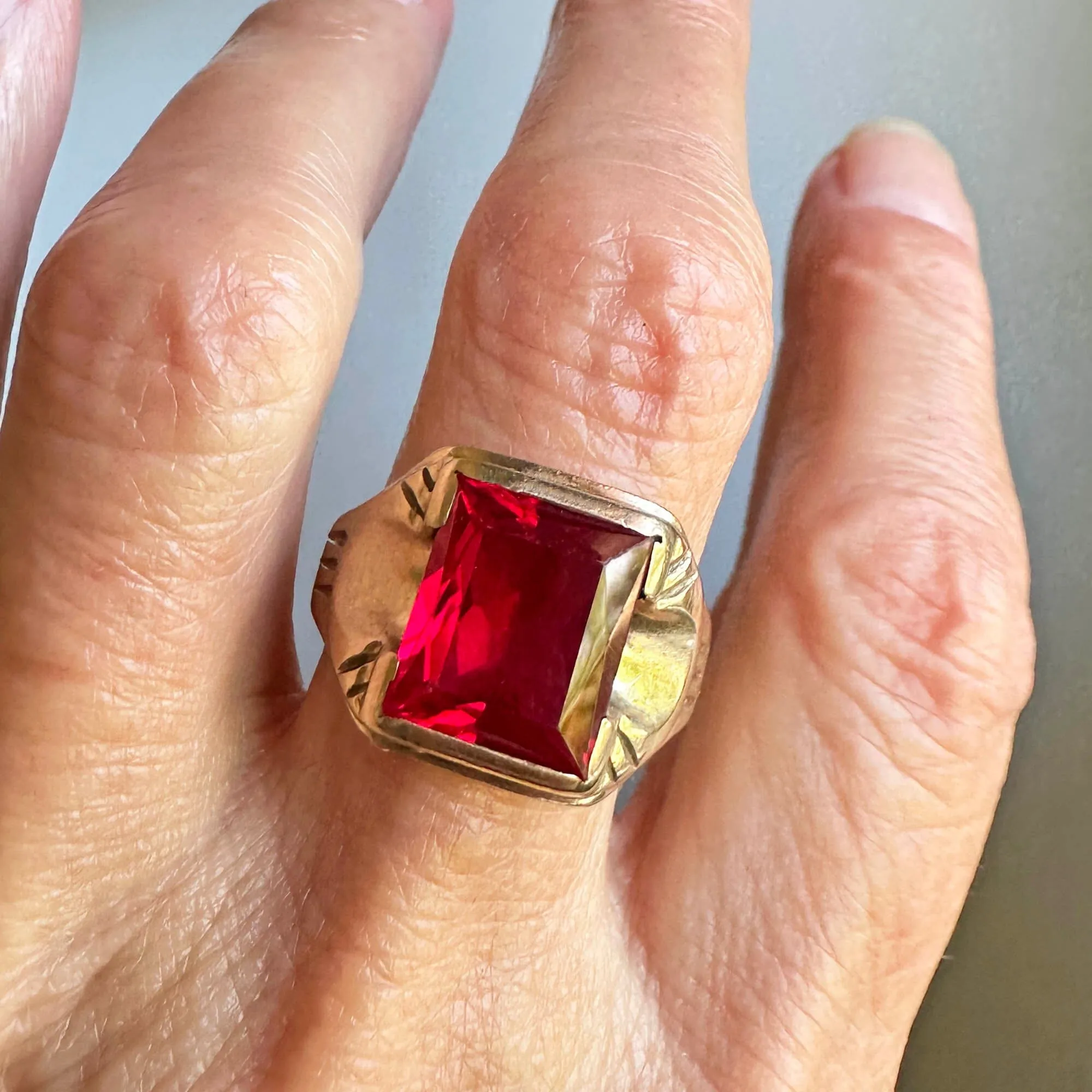 Mens Vintage Art Deco Gold Ruby Signet Ring