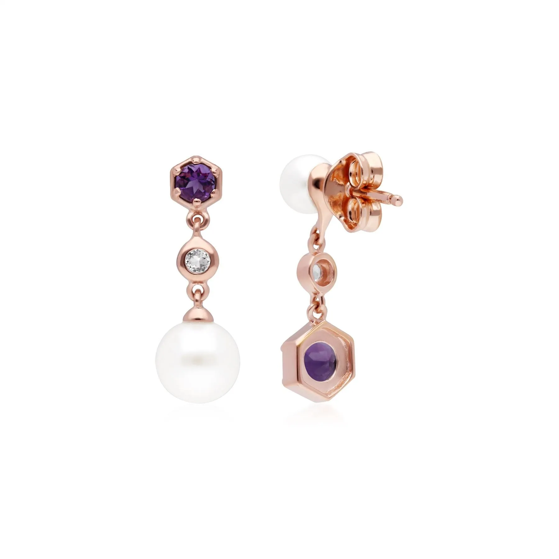 Moderne Perle, Amethyst & Topas Asymmetrische Tropfen Ohrringe in Rose Vergoldetem Sterling Silber