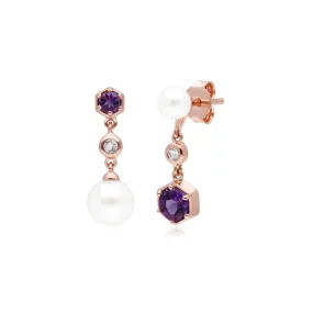 Moderne Perle, Amethyst & Topas Asymmetrische Tropfen Ohrringe in Rose Vergoldetem Sterling Silber