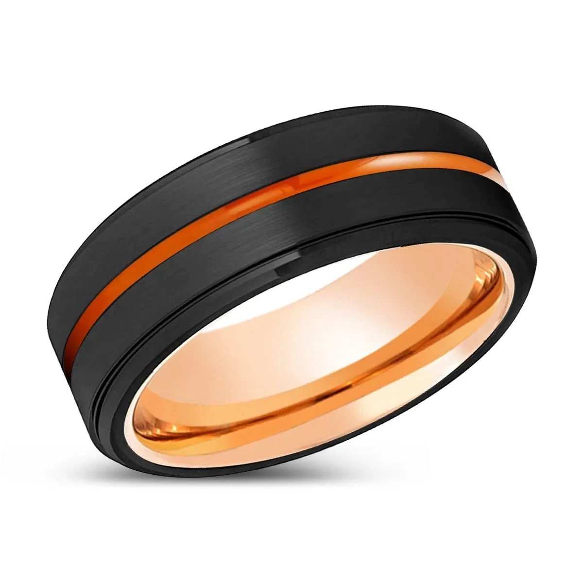 MONTGOMERY | Rose Gold Ring, Black Tungsten Ring, Orange Groove, Stepped Edge